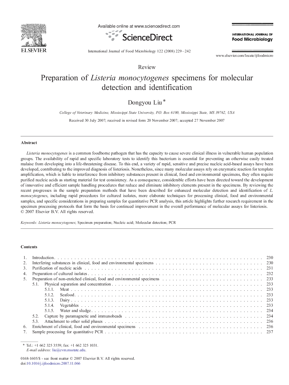 Preparation of Listeria monocytogenes specimens for molecular detection and identification