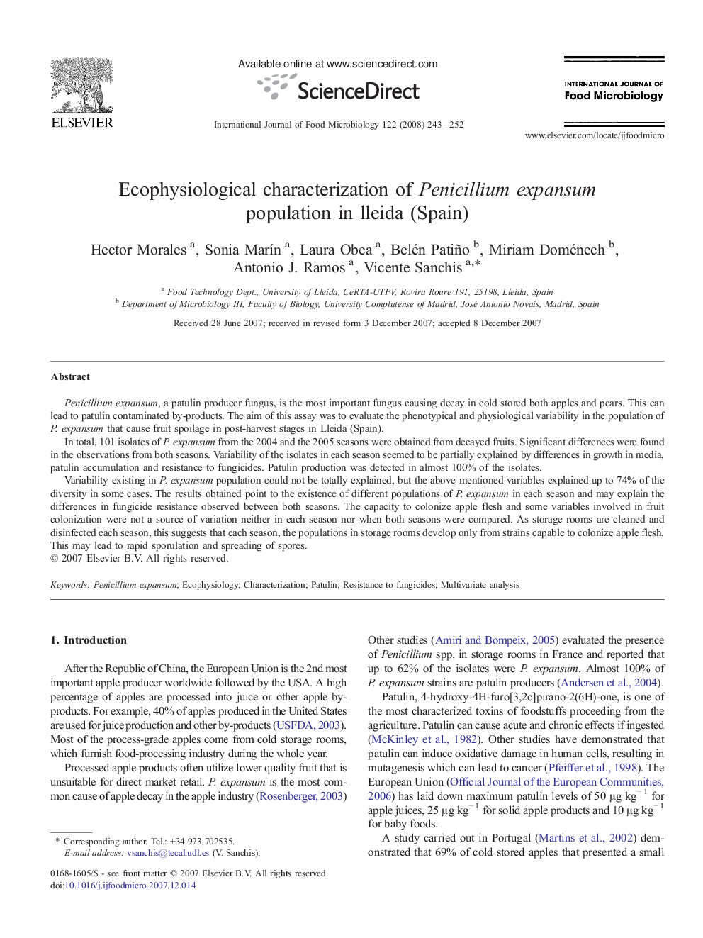 Ecophysiological characterization of Penicillium expansum population in lleida (Spain)