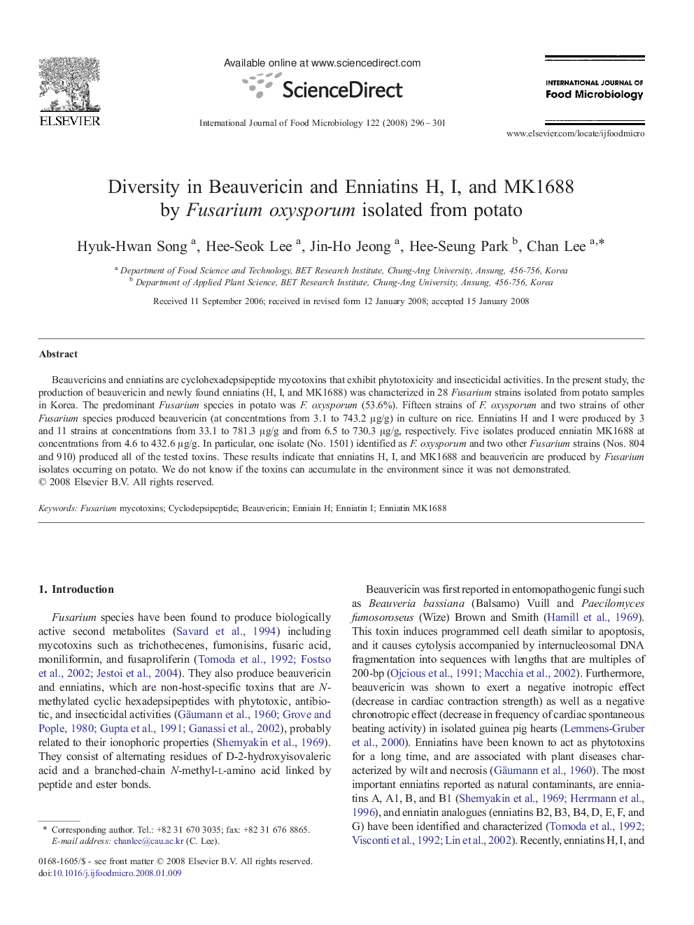 Diversity in Beauvericin and Enniatins H, I, and MK1688 by Fusarium oxysporum isolated from potato