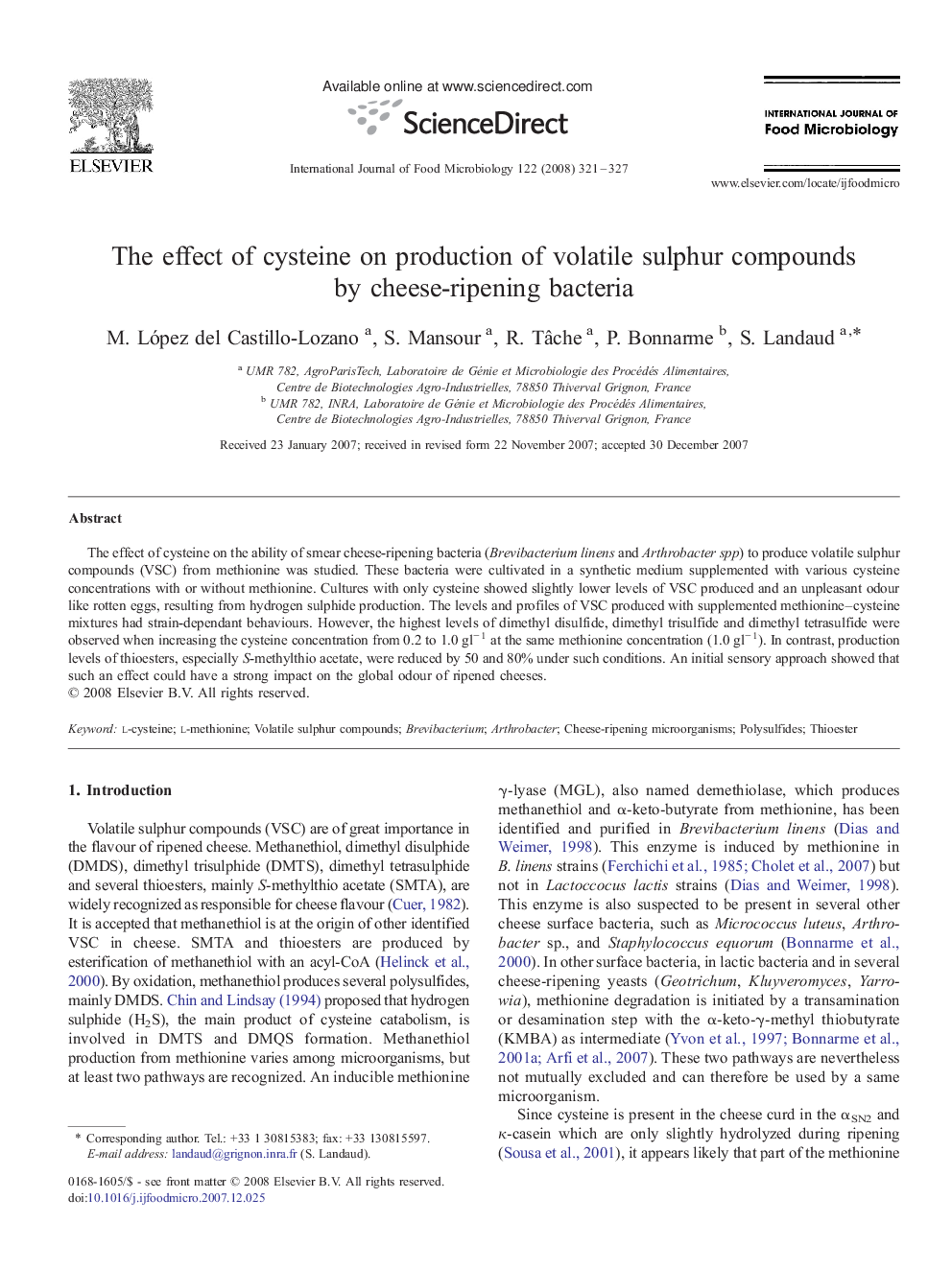 The effect of cysteine on production of volatile sulphur compounds by cheese-ripening bacteria