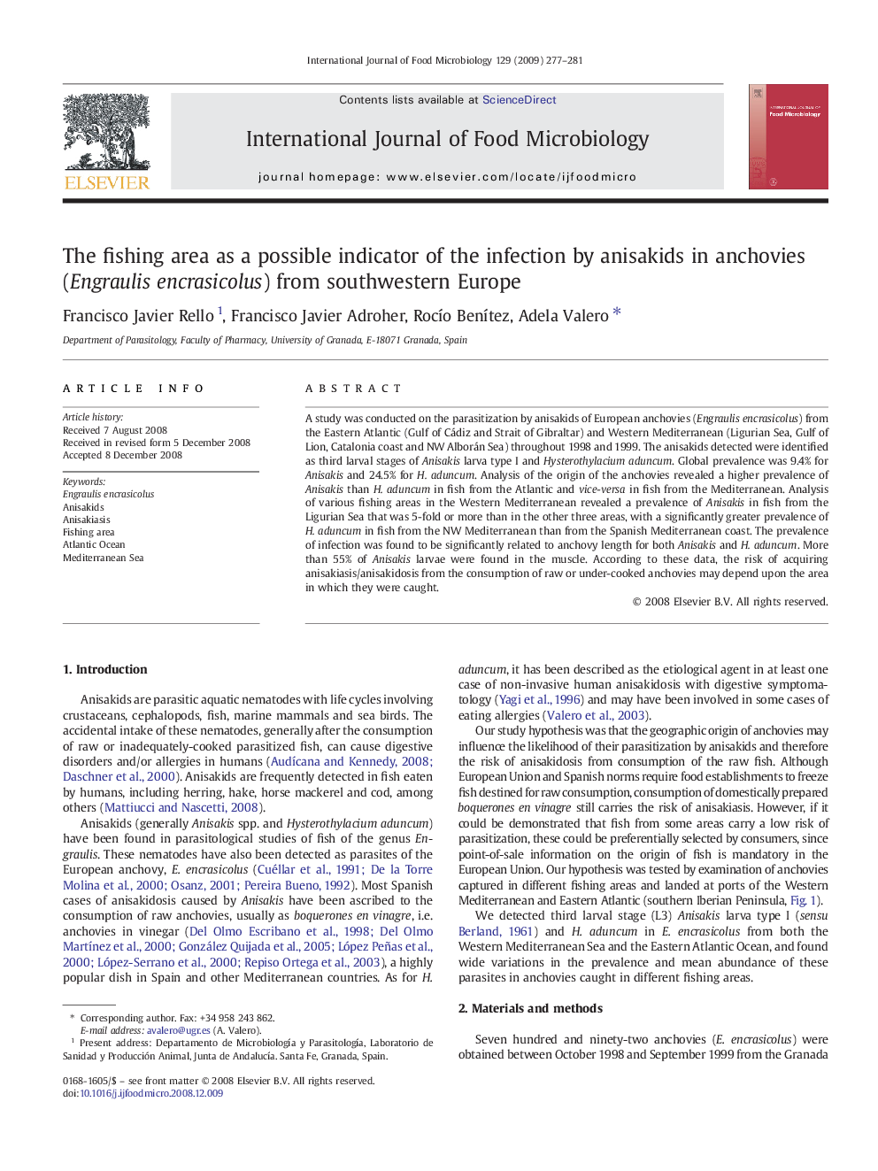 The fishing area as a possible indicator of the infection by anisakids in anchovies (Engraulis encrasicolus) from southwestern Europe