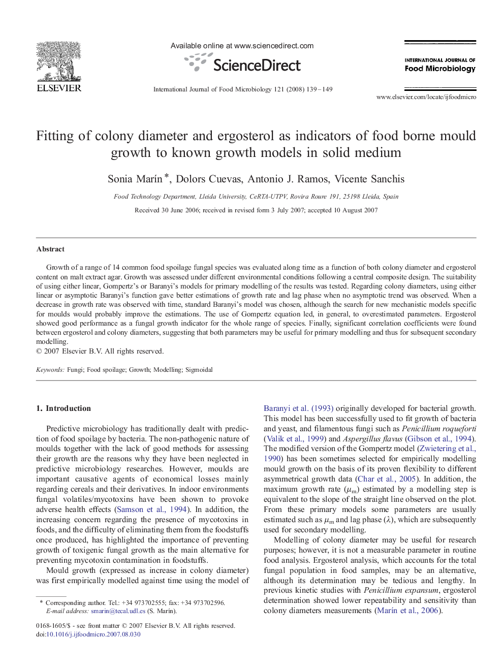 Fitting of colony diameter and ergosterol as indicators of food borne mould growth to known growth models in solid medium