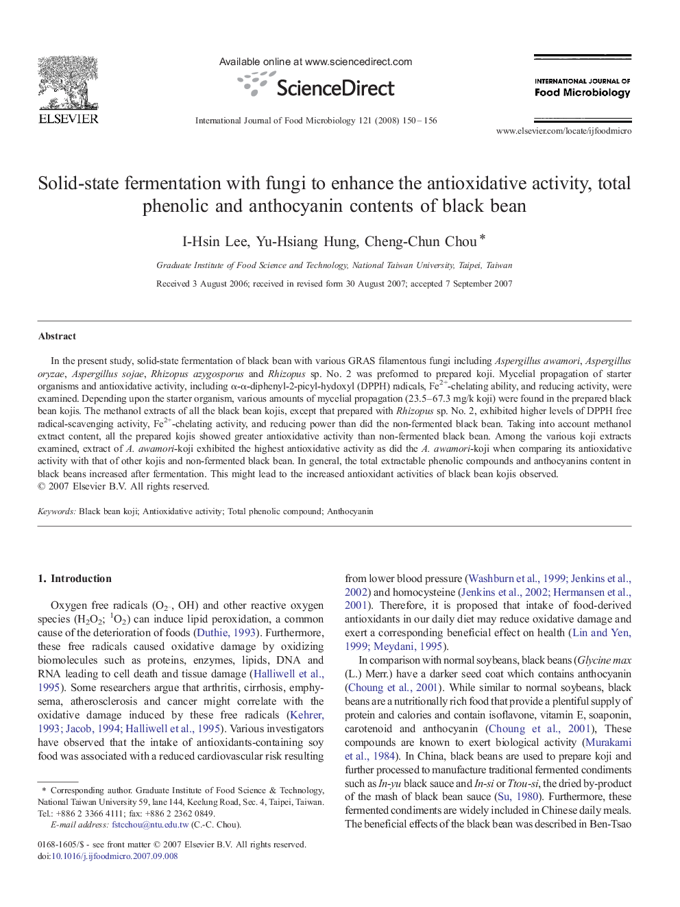 Solid-state fermentation with fungi to enhance the antioxidative activity, total phenolic and anthocyanin contents of black bean