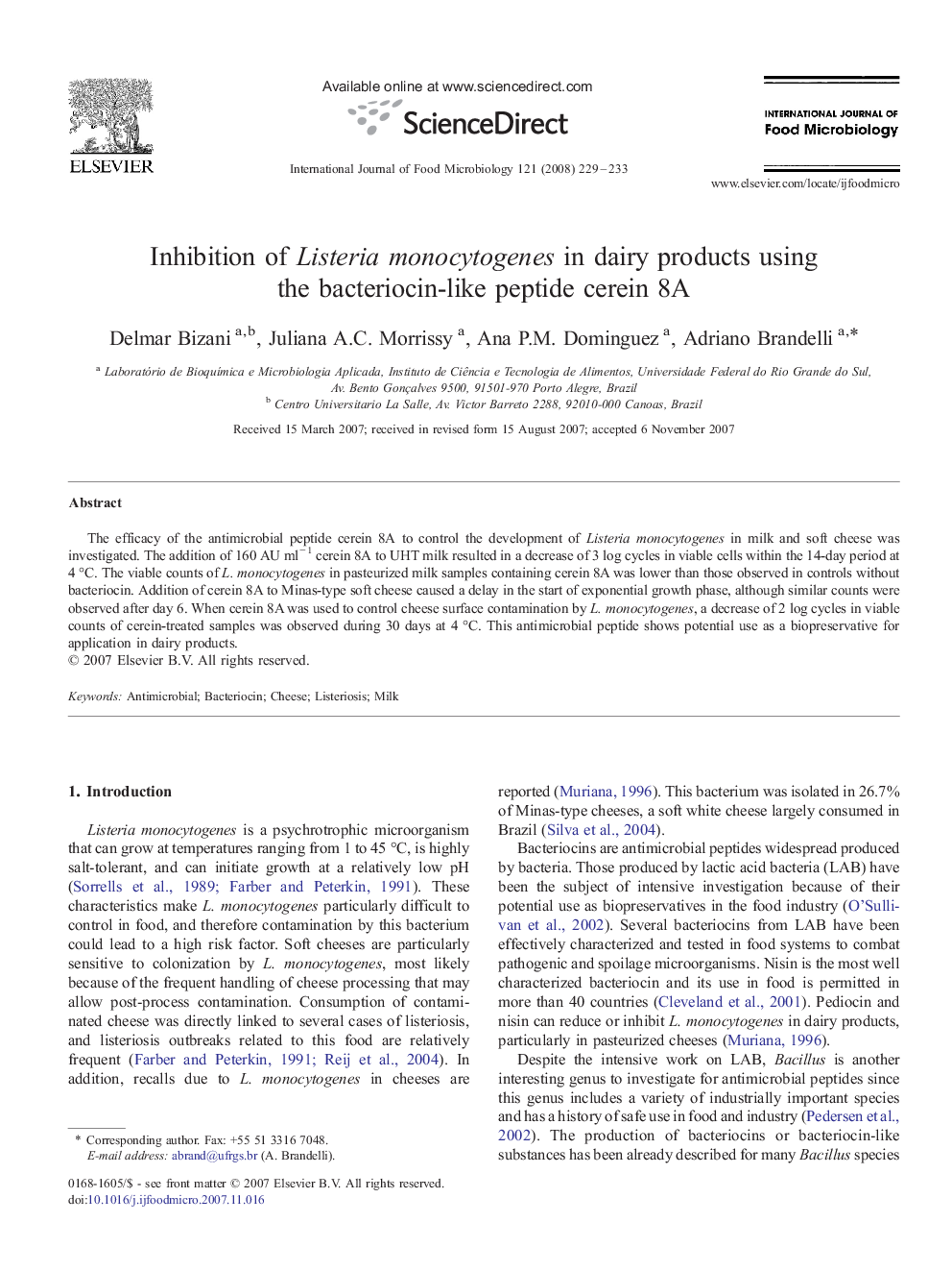 Inhibition of Listeria monocytogenes in dairy products using the bacteriocin-like peptide cerein 8A