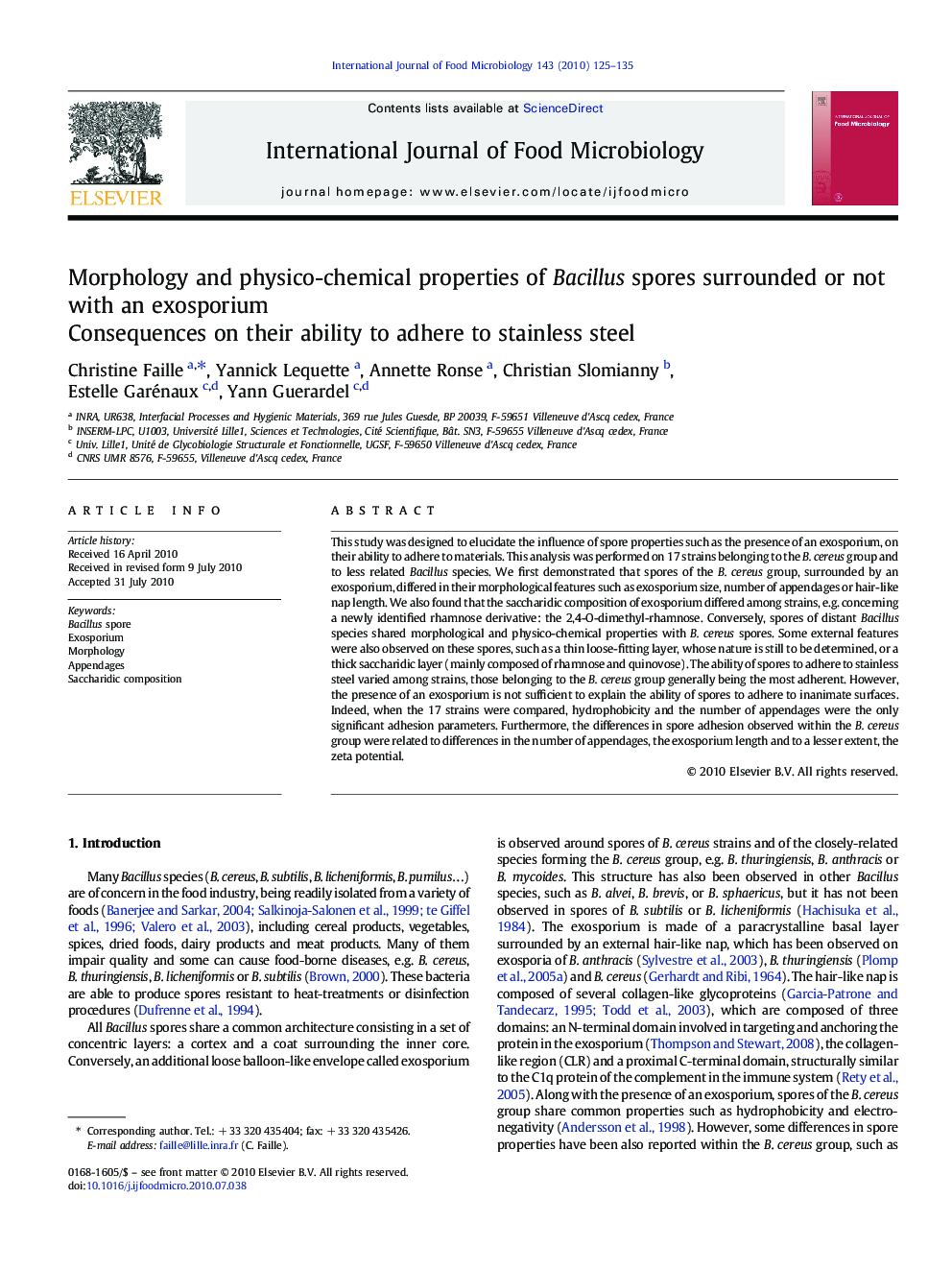 Morphology and physico-chemical properties of Bacillus spores surrounded or not with an exosporium: Consequences on their ability to adhere to stainless steel