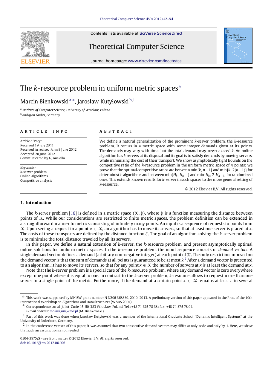The k-resource problem in uniform metric spaces 