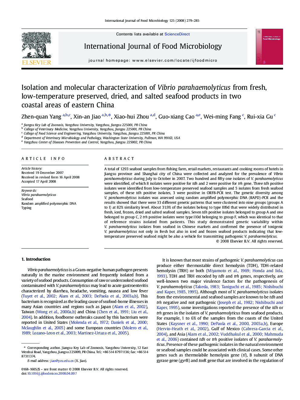 Isolation and molecular characterization of Vibrio parahaemolyticus from fresh, low-temperature preserved, dried, and salted seafood products in two coastal areas of eastern China