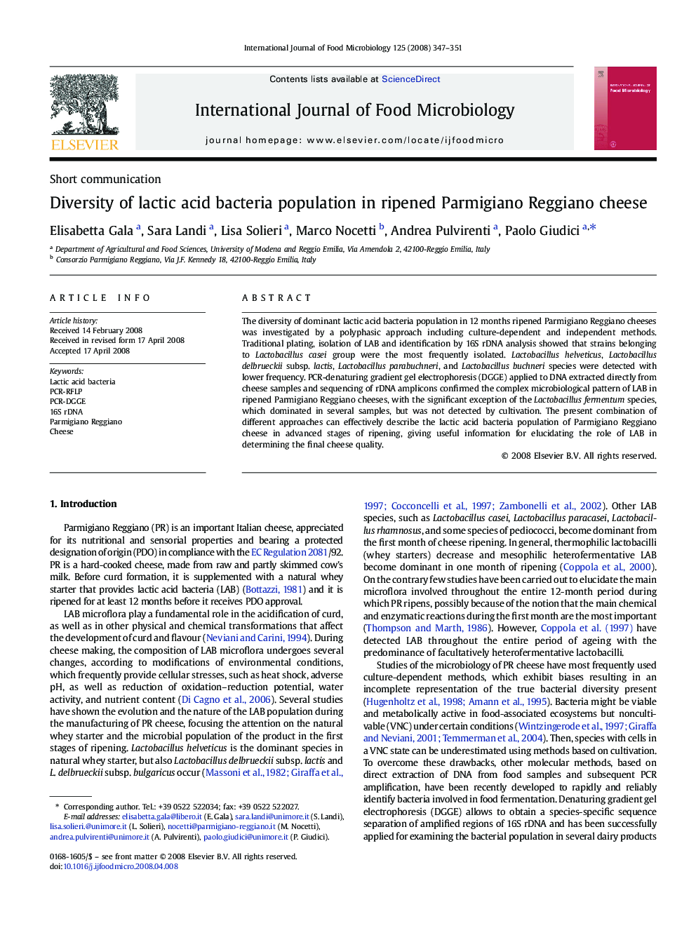 Diversity of lactic acid bacteria population in ripened Parmigiano Reggiano cheese