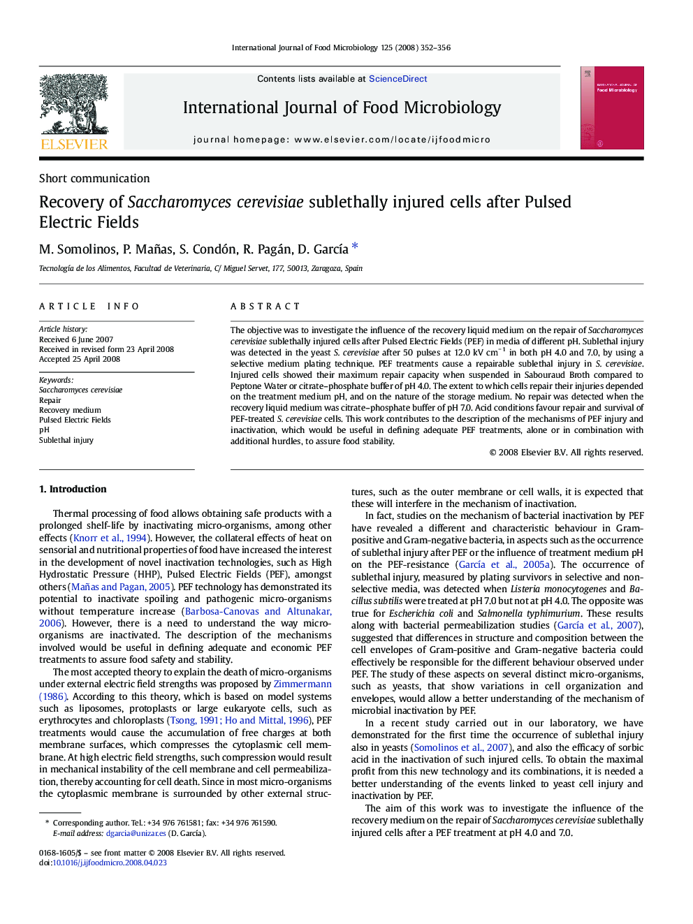 Recovery of Saccharomyces cerevisiae sublethally injured cells after Pulsed Electric Fields