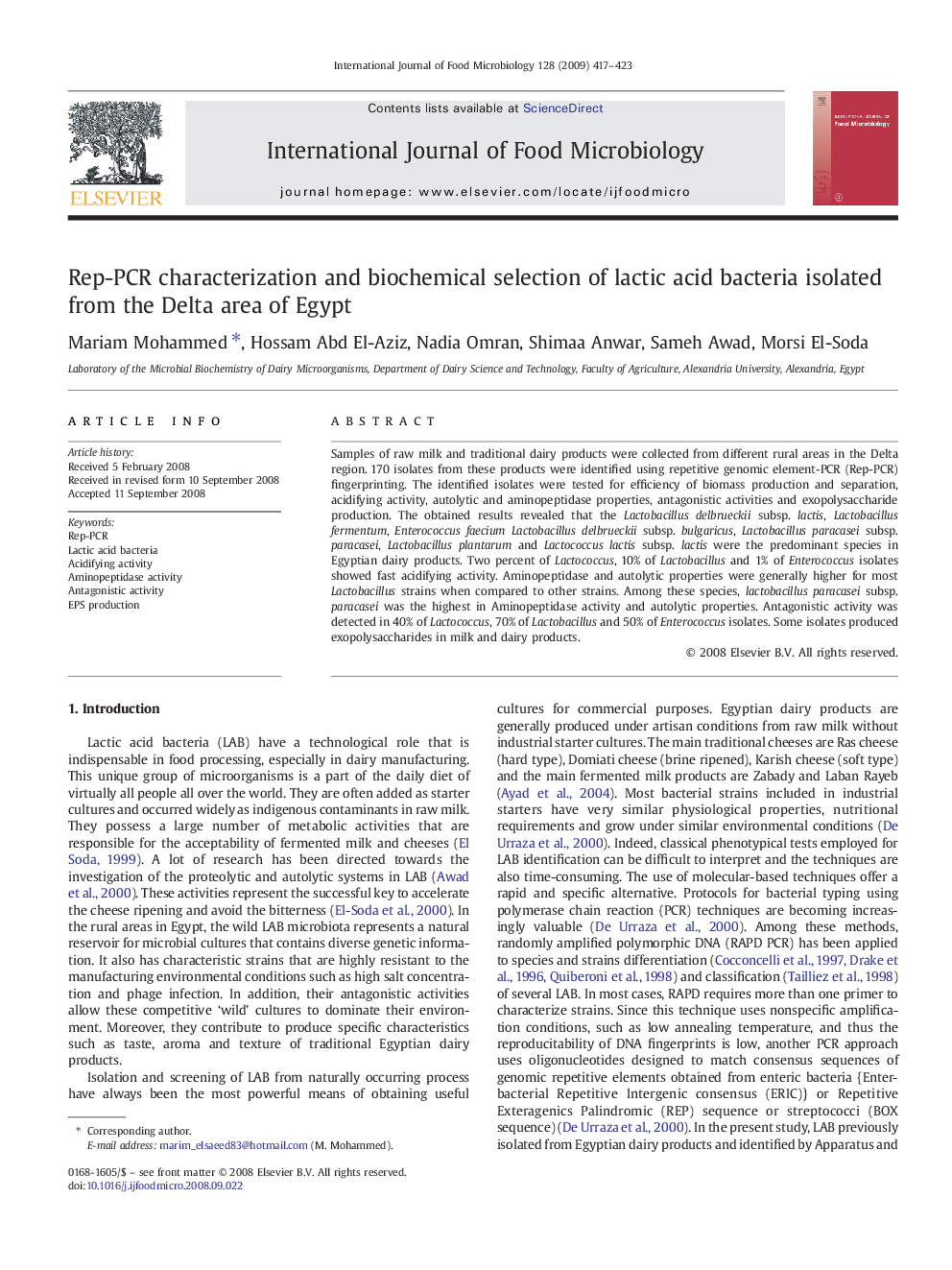 Rep-PCR characterization and biochemical selection of lactic acid bacteria isolated from the Delta area of Egypt