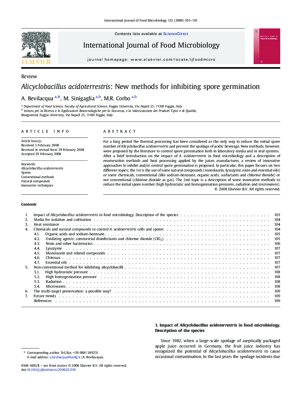 Alicyclobacillus acidoterrestris: New methods for inhibiting spore germination