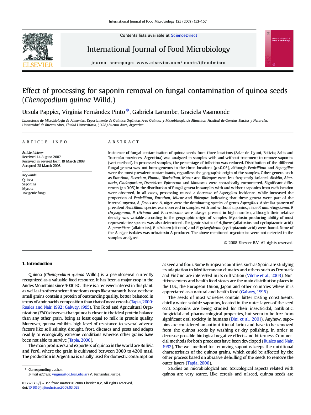 Effect of processing for saponin removal on fungal contamination of quinoa seeds (Chenopodium quinoa Willd.)