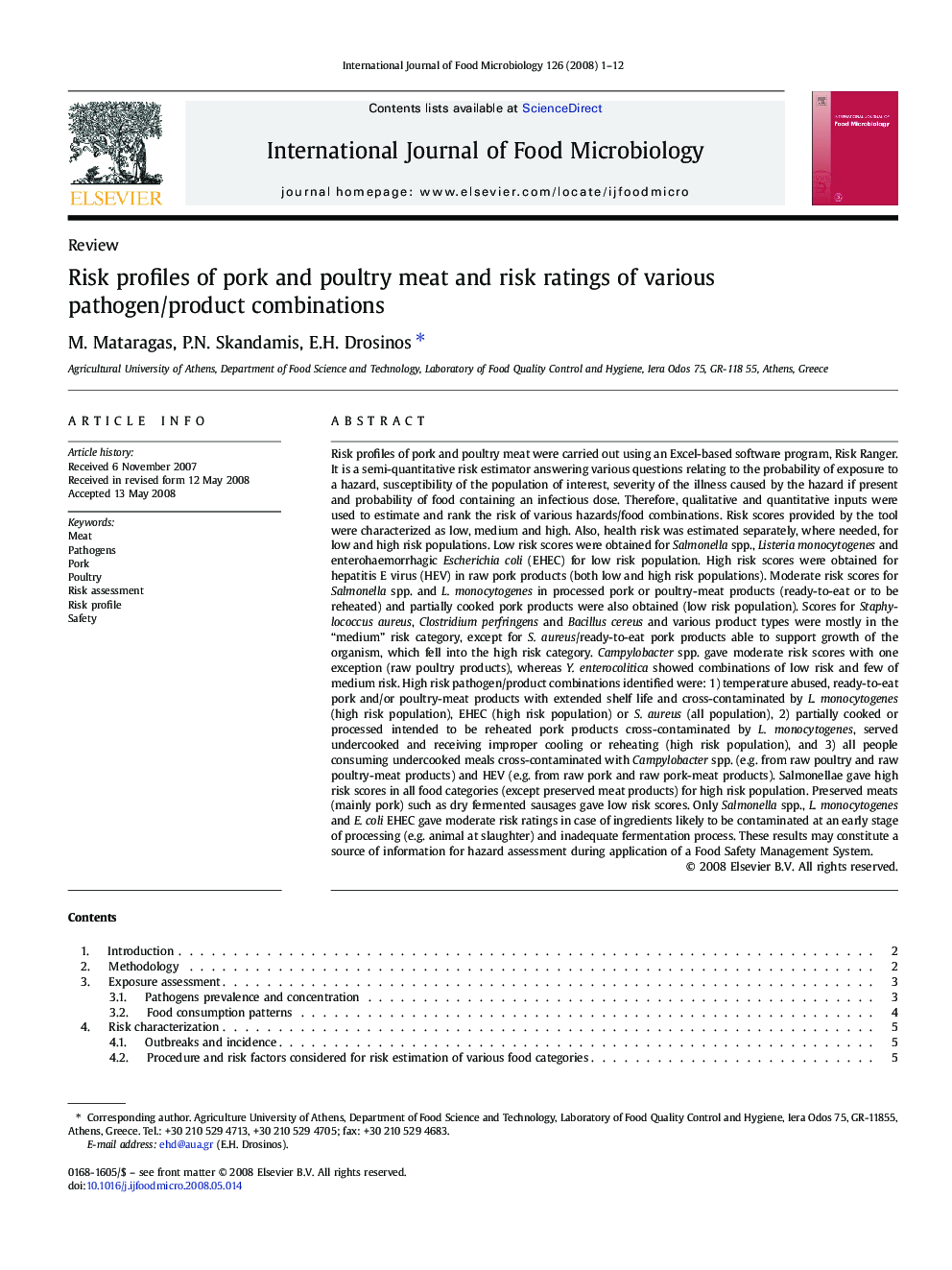 Risk profiles of pork and poultry meat and risk ratings of various pathogen/product combinations