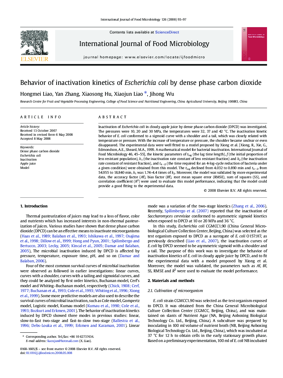 Behavior of inactivation kinetics of Escherichia coli by dense phase carbon dioxide