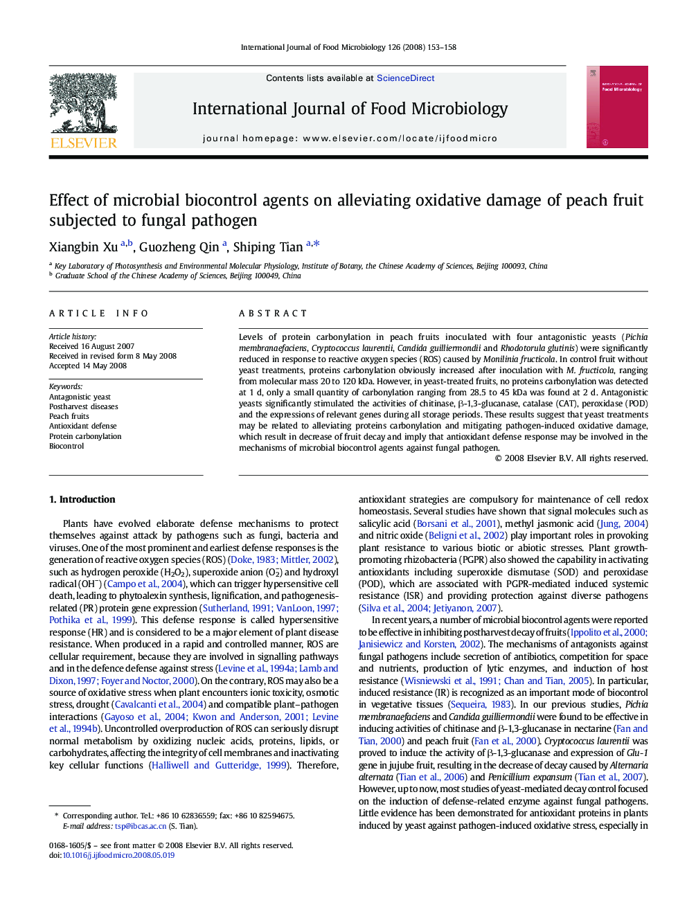 Effect of microbial biocontrol agents on alleviating oxidative damage of peach fruit subjected to fungal pathogen