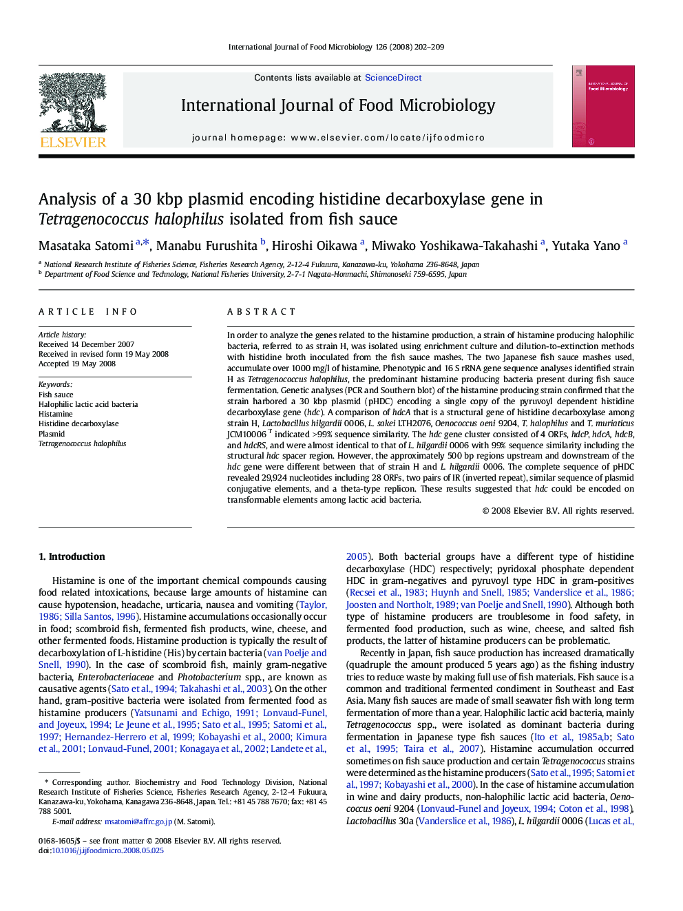 Analysis of a 30 kbp plasmid encoding histidine decarboxylase gene in Tetragenococcus halophilus isolated from fish sauce