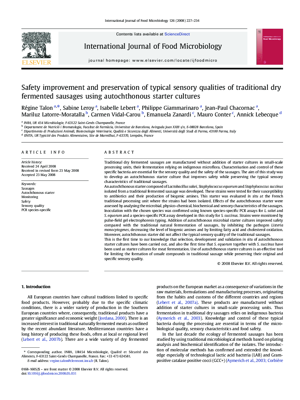 Safety improvement and preservation of typical sensory qualities of traditional dry fermented sausages using autochthonous starter cultures