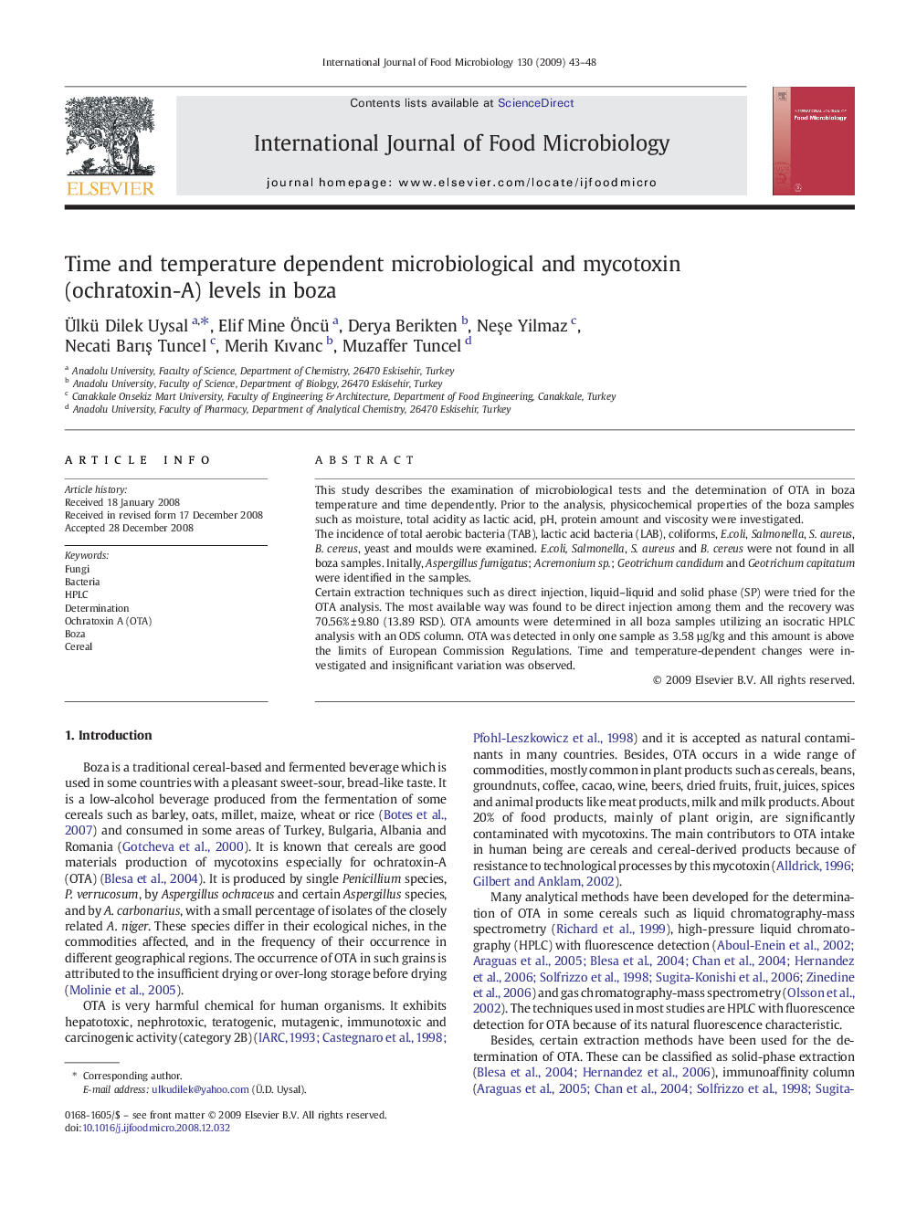 Time and temperature dependent microbiological and mycotoxin (ochratoxin-A) levels in boza