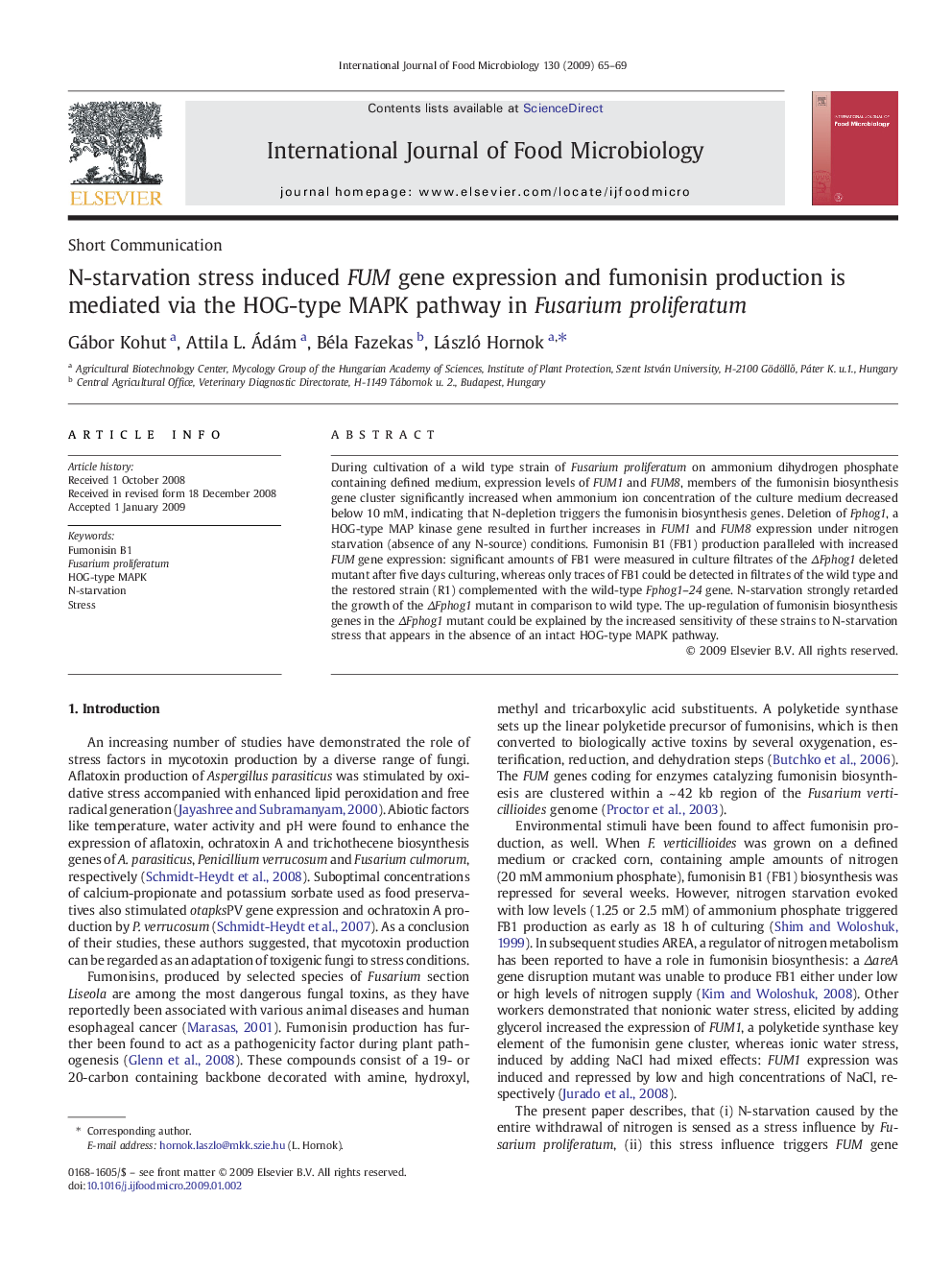 N-starvation stress induced FUM gene expression and fumonisin production is mediated via the HOG-type MAPK pathway in Fusarium proliferatum