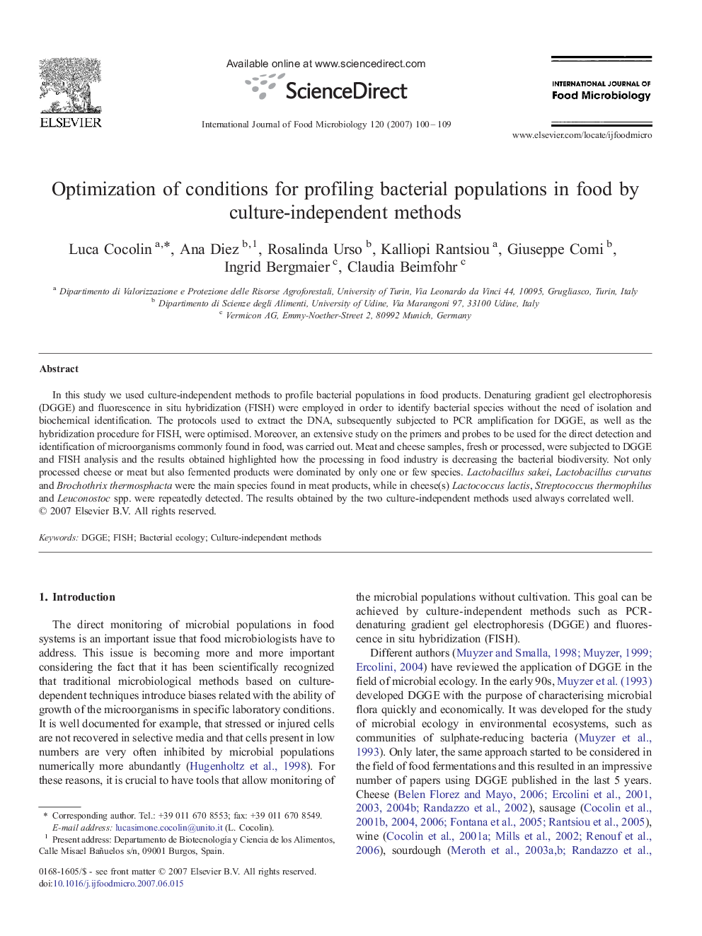 Optimization of conditions for profiling bacterial populations in food by culture-independent methods