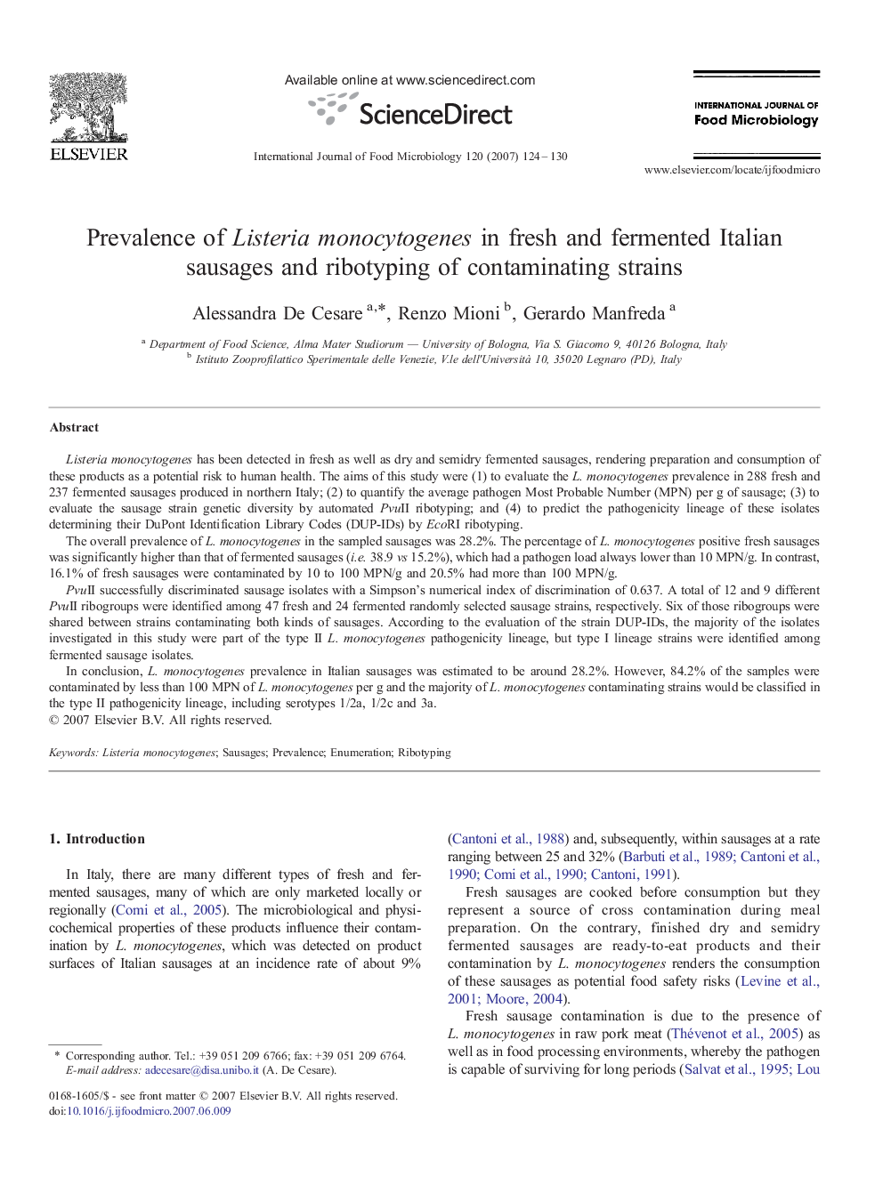 Prevalence of Listeria monocytogenes in fresh and fermented Italian sausages and ribotyping of contaminating strains