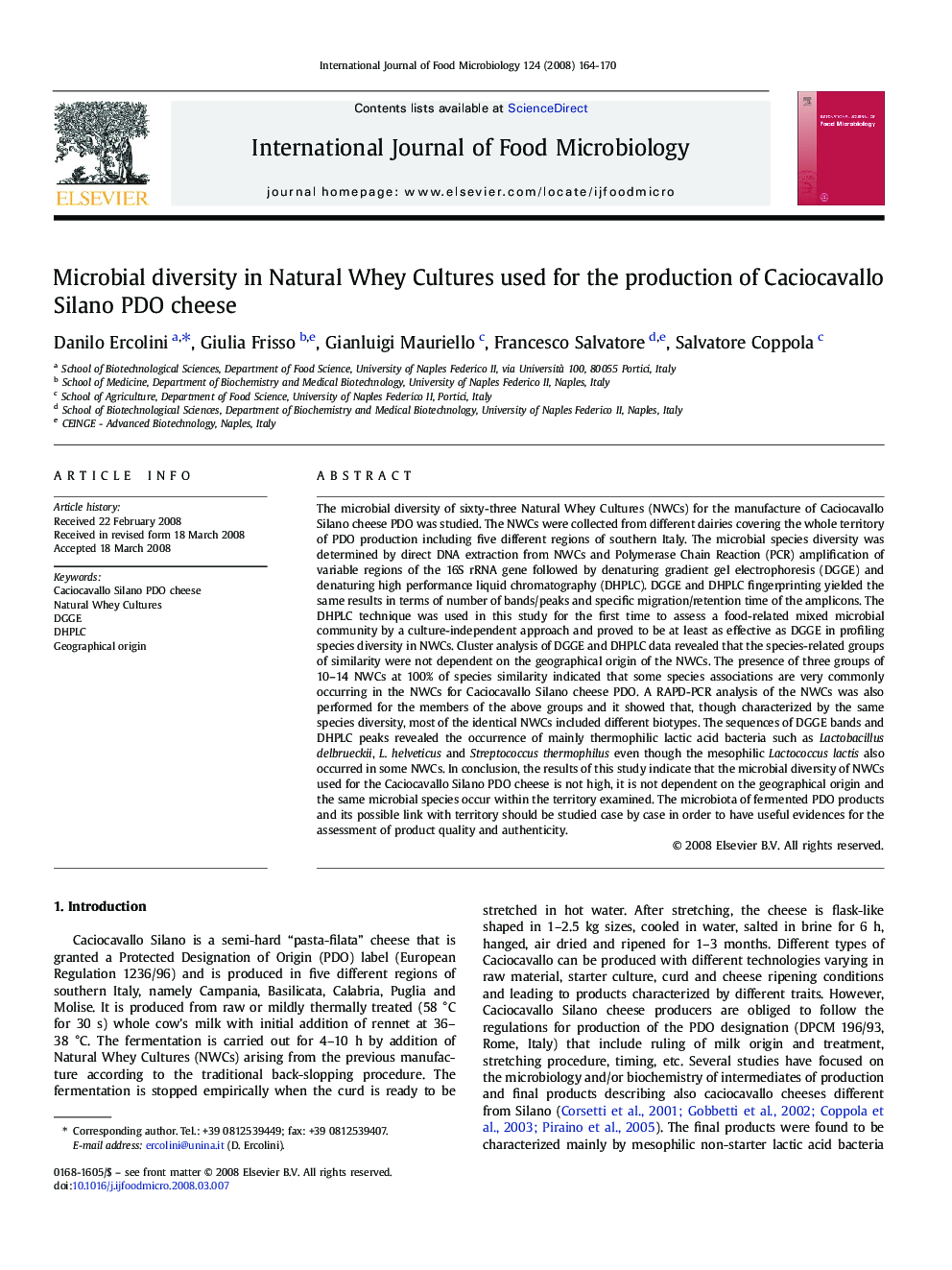 Microbial diversity in Natural Whey Cultures used for the production of Caciocavallo Silano PDO cheese