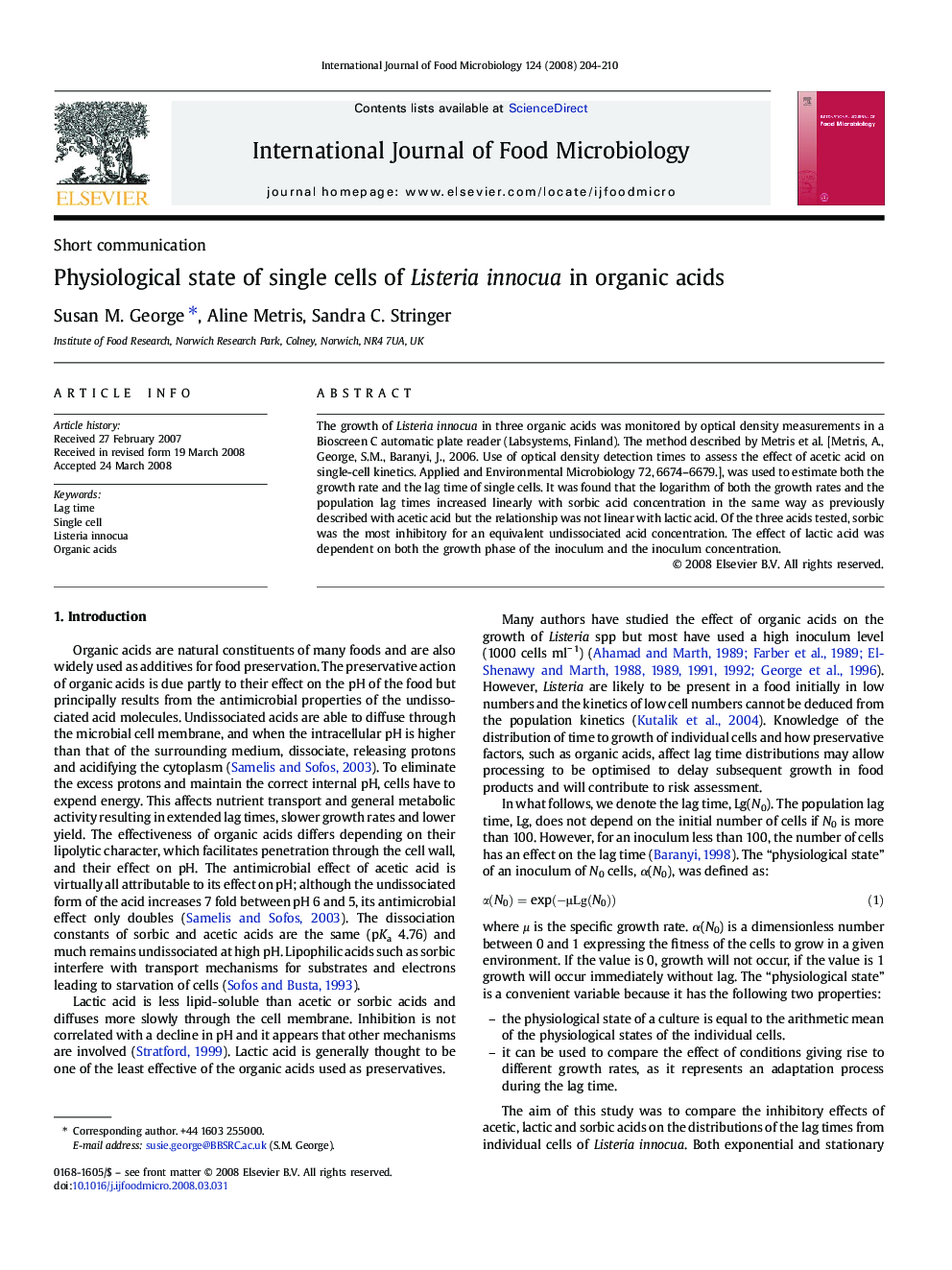 Physiological state of single cells of Listeria innocua in organic acids