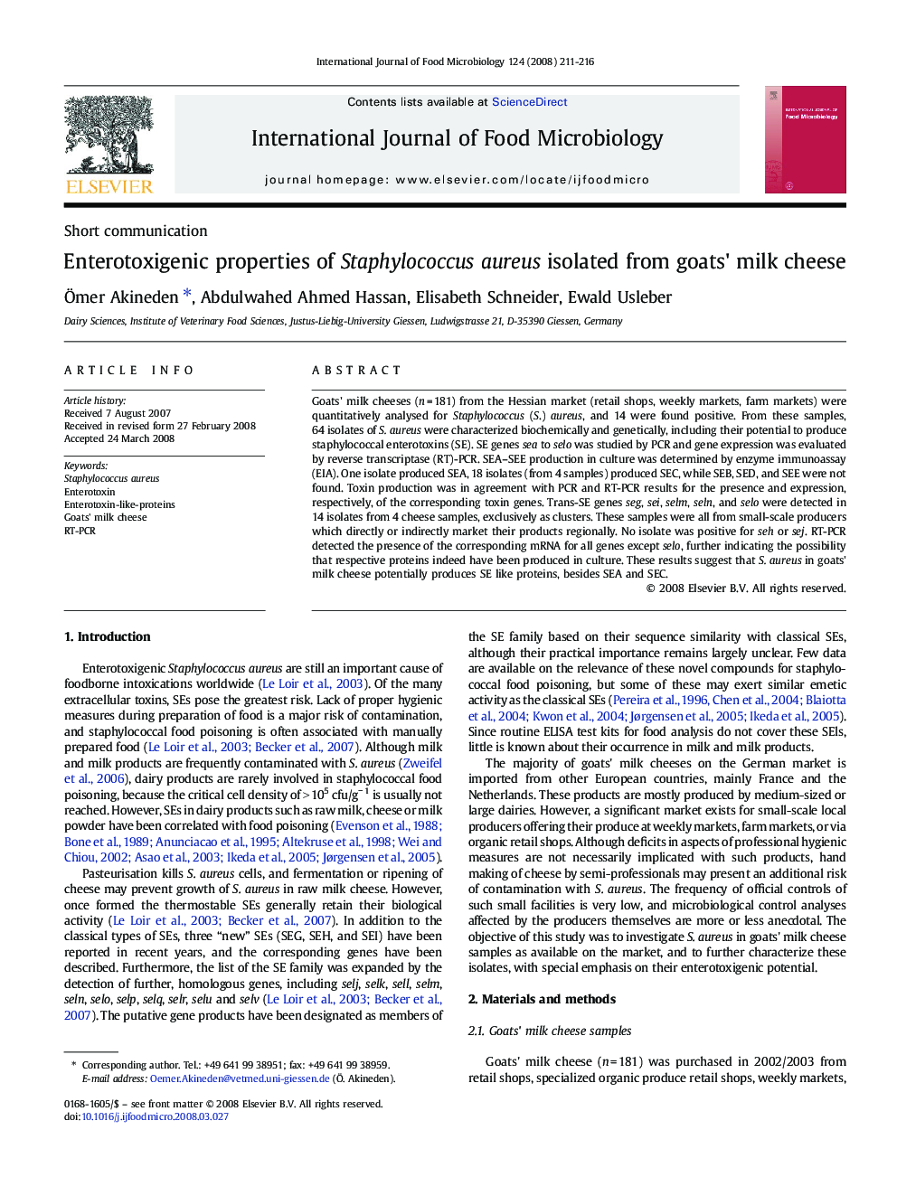 Enterotoxigenic properties of Staphylococcus aureus isolated from goats' milk cheese