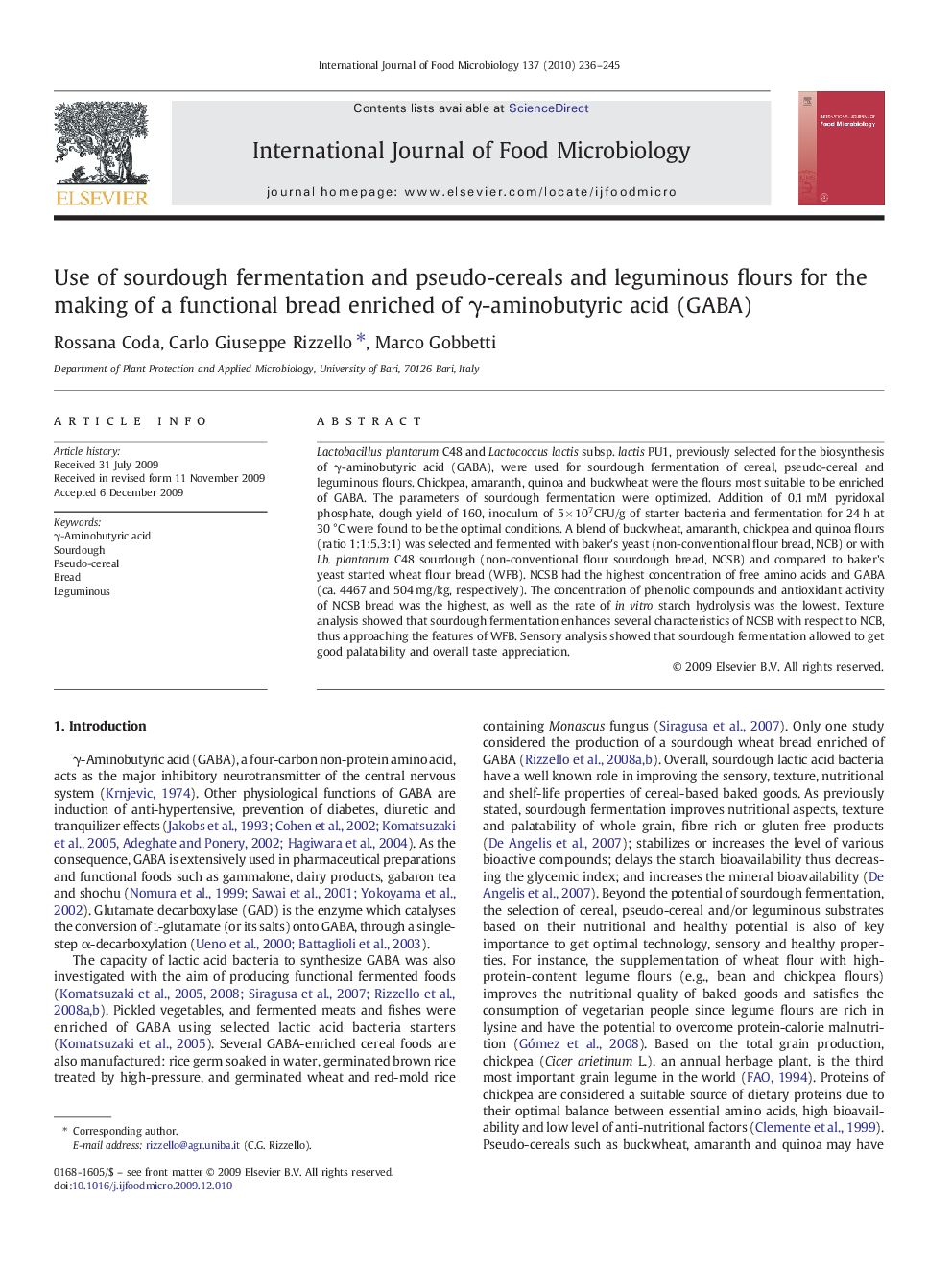 Use of sourdough fermentation and pseudo-cereals and leguminous flours for the making of a functional bread enriched of γ-aminobutyric acid (GABA)