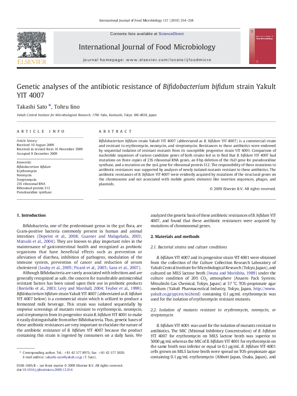 Genetic analyses of the antibiotic resistance of Bifidobacterium bifidum strain Yakult YIT 4007