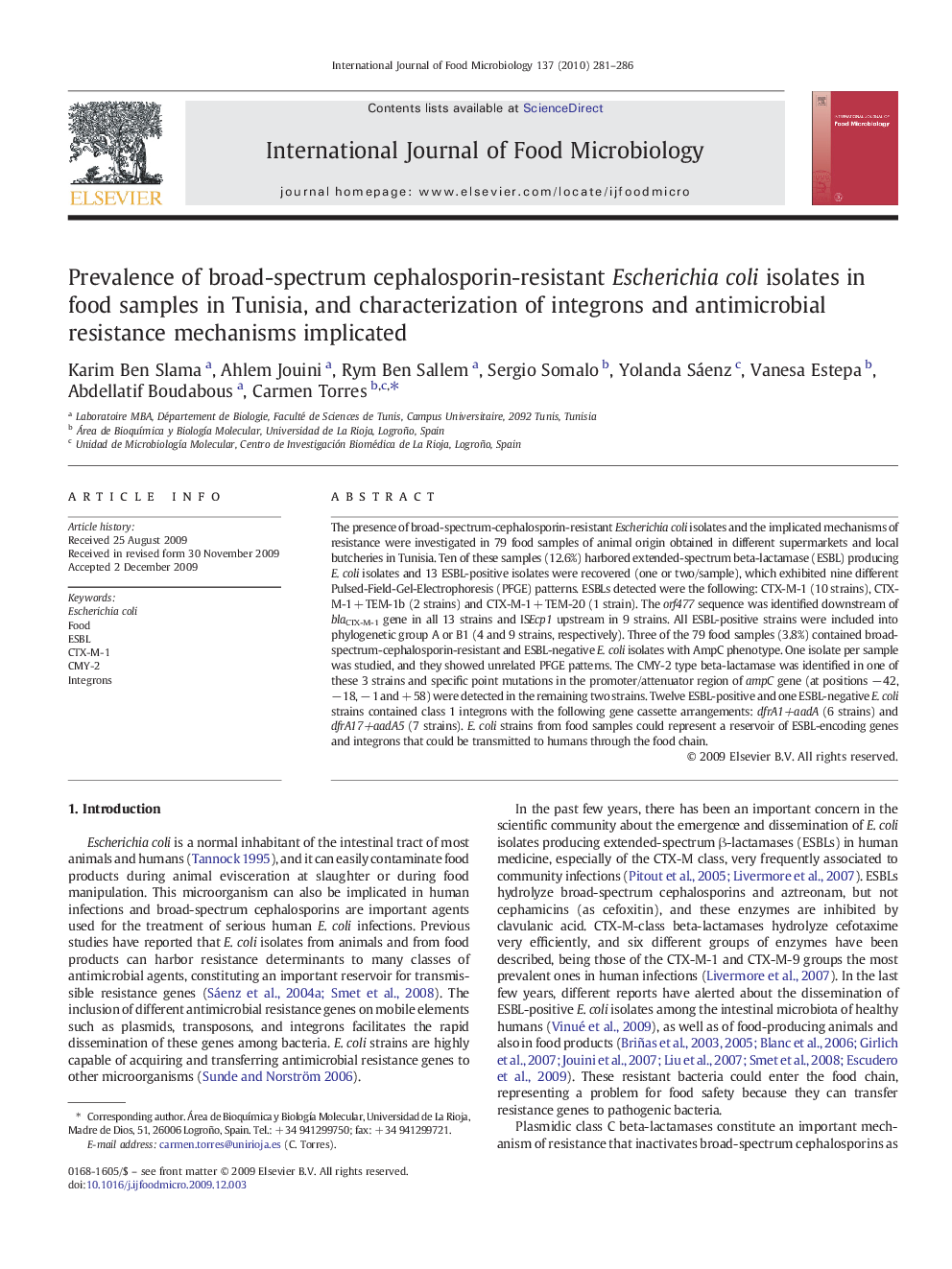 Prevalence of broad-spectrum cephalosporin-resistant Escherichia coli isolates in food samples in Tunisia, and characterization of integrons and antimicrobial resistance mechanisms implicated