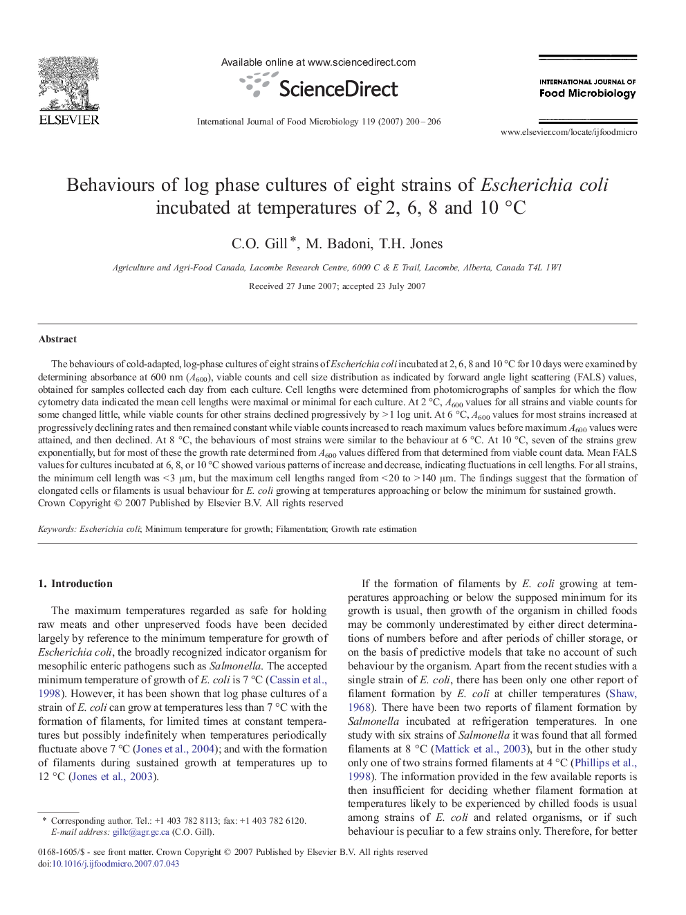 Behaviours of log phase cultures of eight strains of Escherichia coli incubated at temperatures of 2, 6, 8 and 10Â Â°C