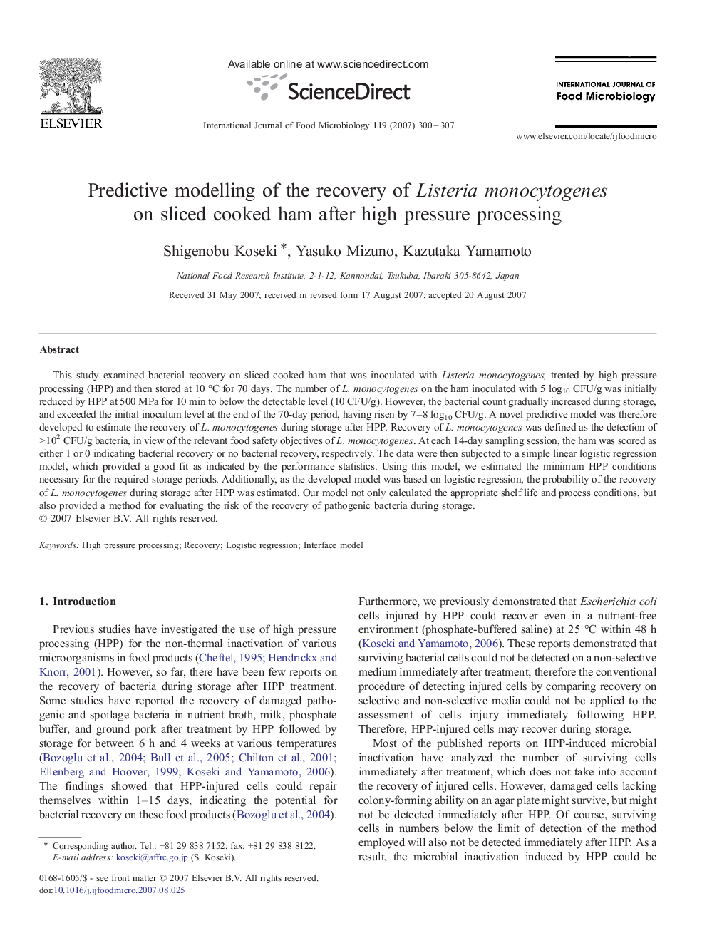 Predictive modelling of the recovery of Listeria monocytogenes on sliced cooked ham after high pressure processing