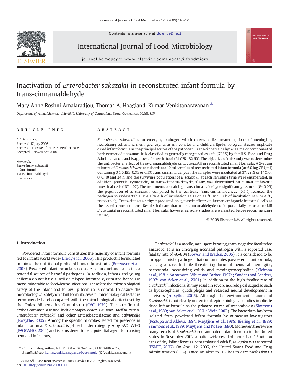 Inactivation of Enterobacter sakazakii in reconstituted infant formula by trans-cinnamaldehyde