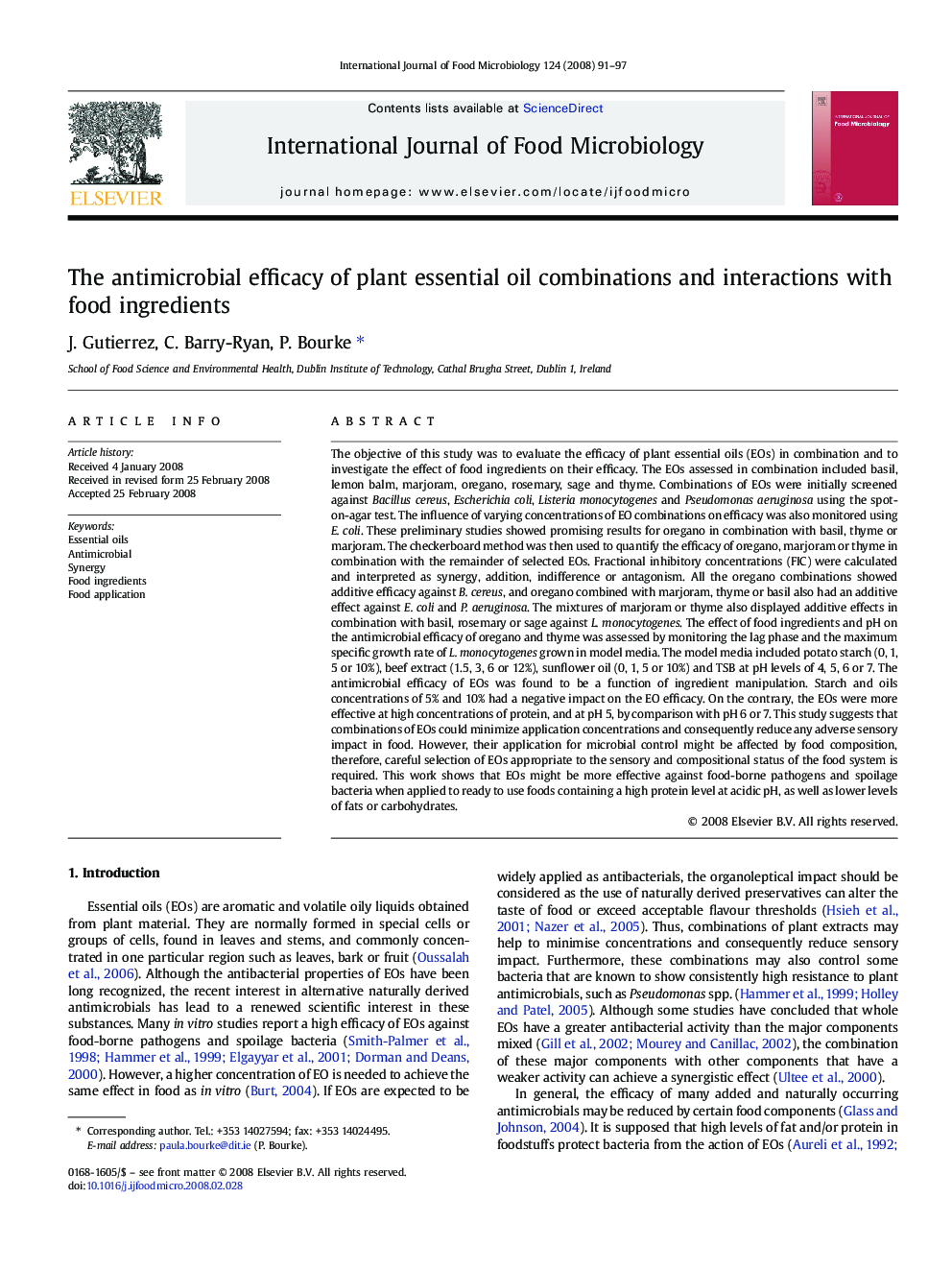 The antimicrobial efficacy of plant essential oil combinations and interactions with food ingredients