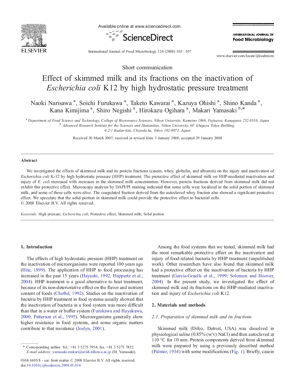 Effect of skimmed milk and its fractions on the inactivation of Escherichia coli K12 by high hydrostatic pressure treatment