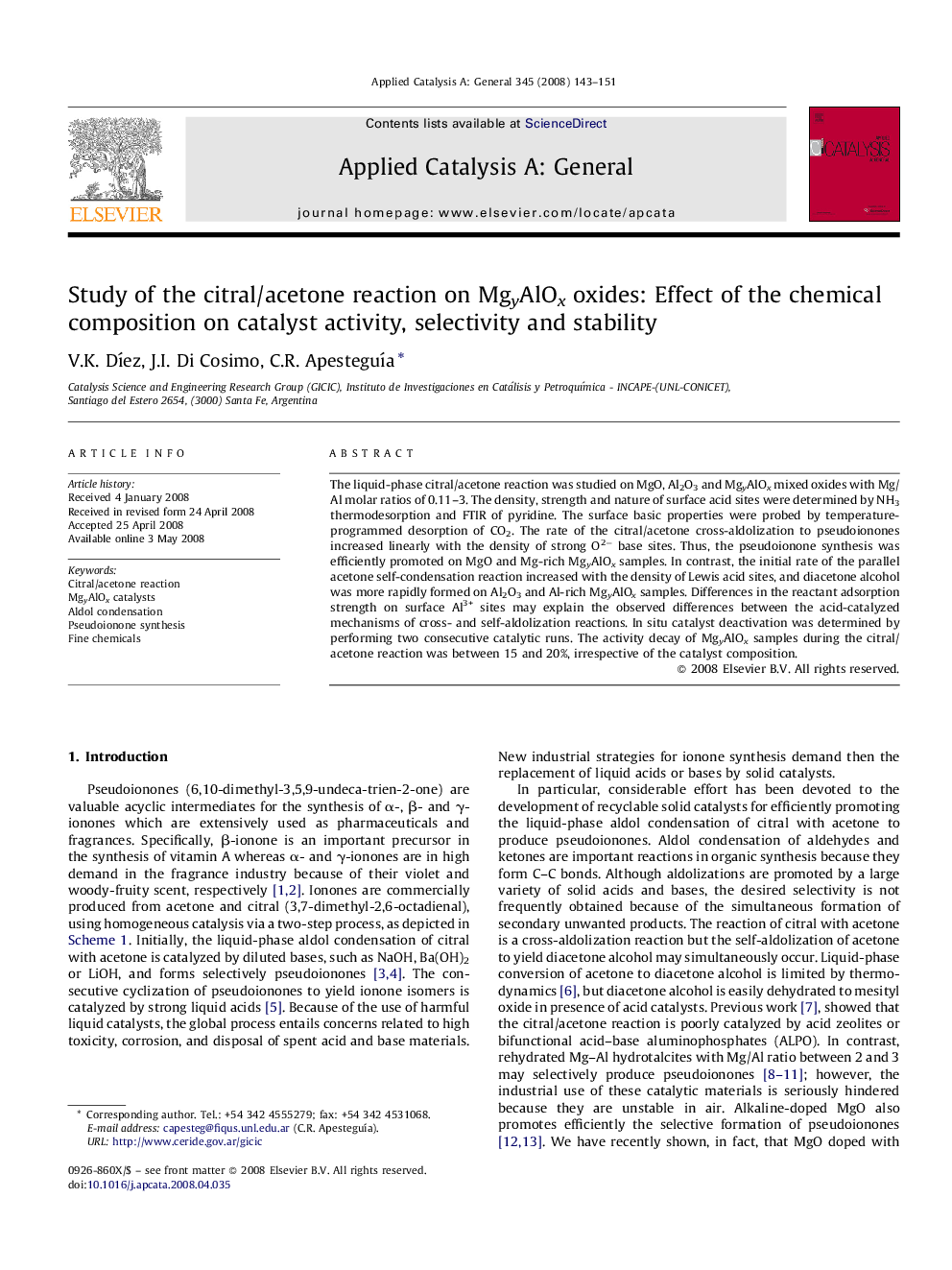 Study of the citral/acetone reaction on MgyAlOx oxides: Effect of the chemical composition on catalyst activity, selectivity and stability