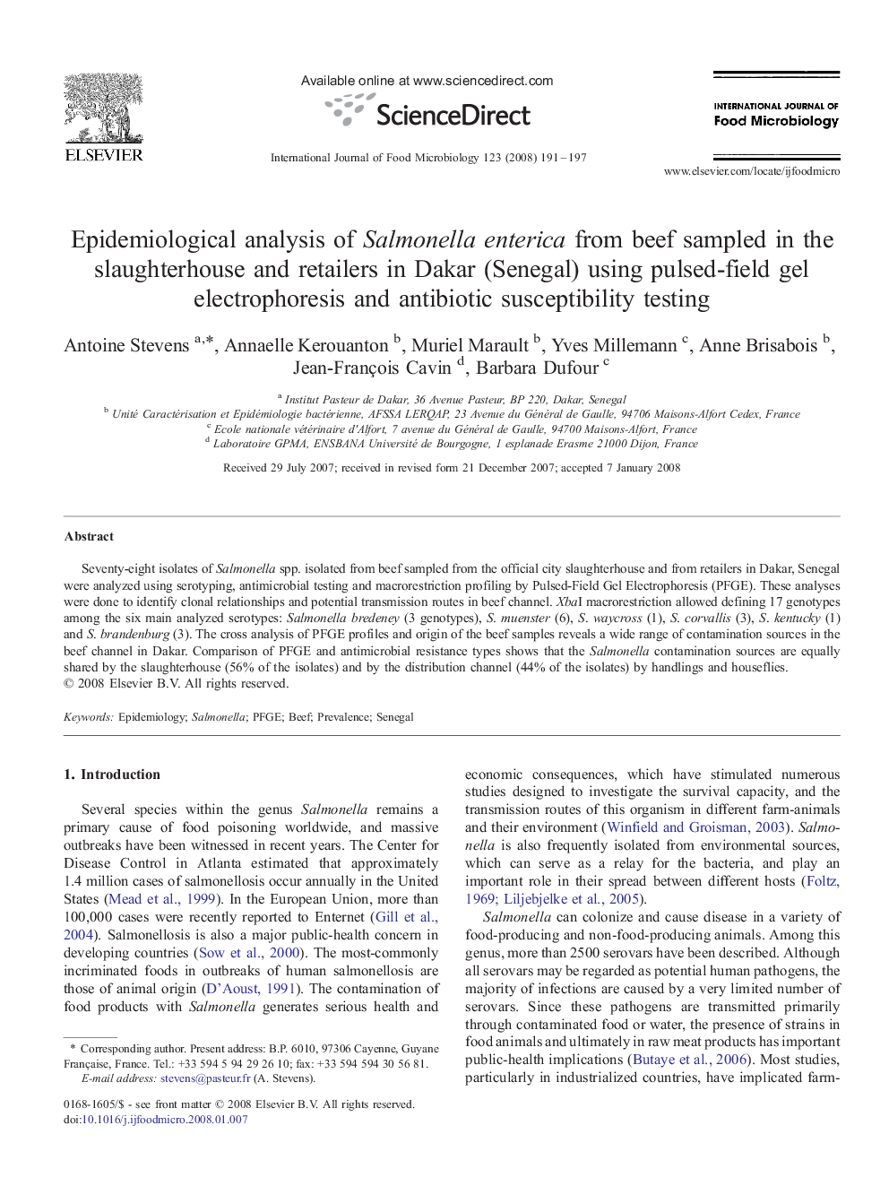 Epidemiological analysis of Salmonella enterica from beef sampled in the slaughterhouse and retailers in Dakar (Senegal) using pulsed-field gel electrophoresis and antibiotic susceptibility testing