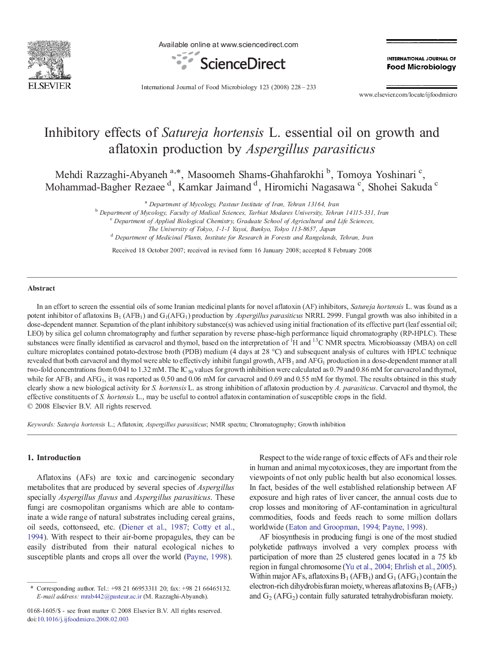 Inhibitory effects of Satureja hortensis L. essential oil on growth and aflatoxin production by Aspergillus parasiticus