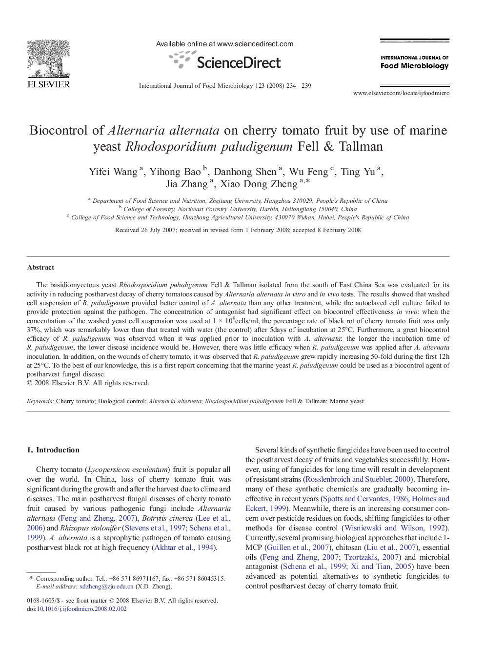 Biocontrol of Alternaria alternata on cherry tomato fruit by use of marine yeast Rhodosporidium paludigenum Fell & Tallman