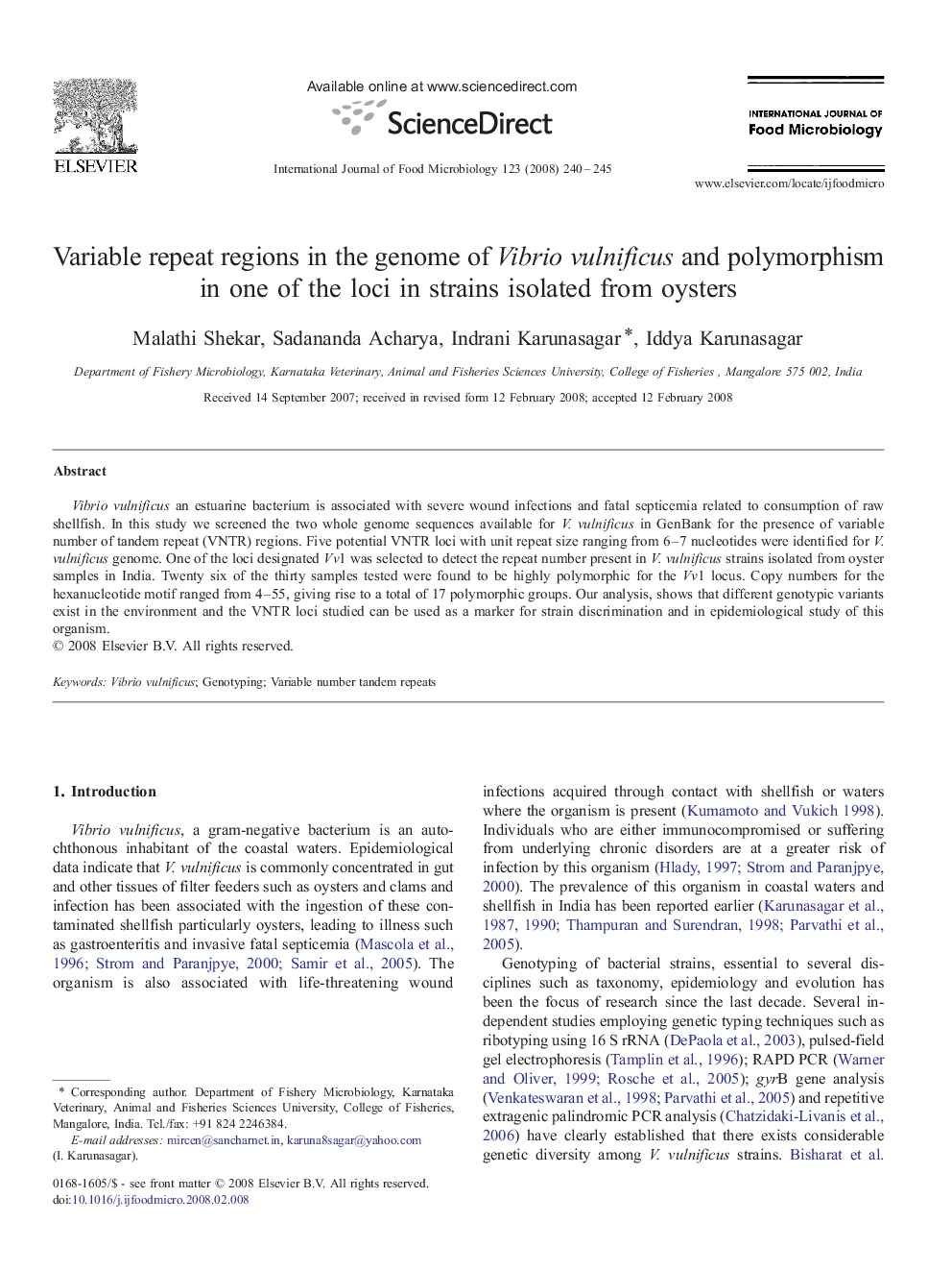 Variable repeat regions in the genome of Vibrio vulnificus and polymorphism in one of the loci in strains isolated from oysters