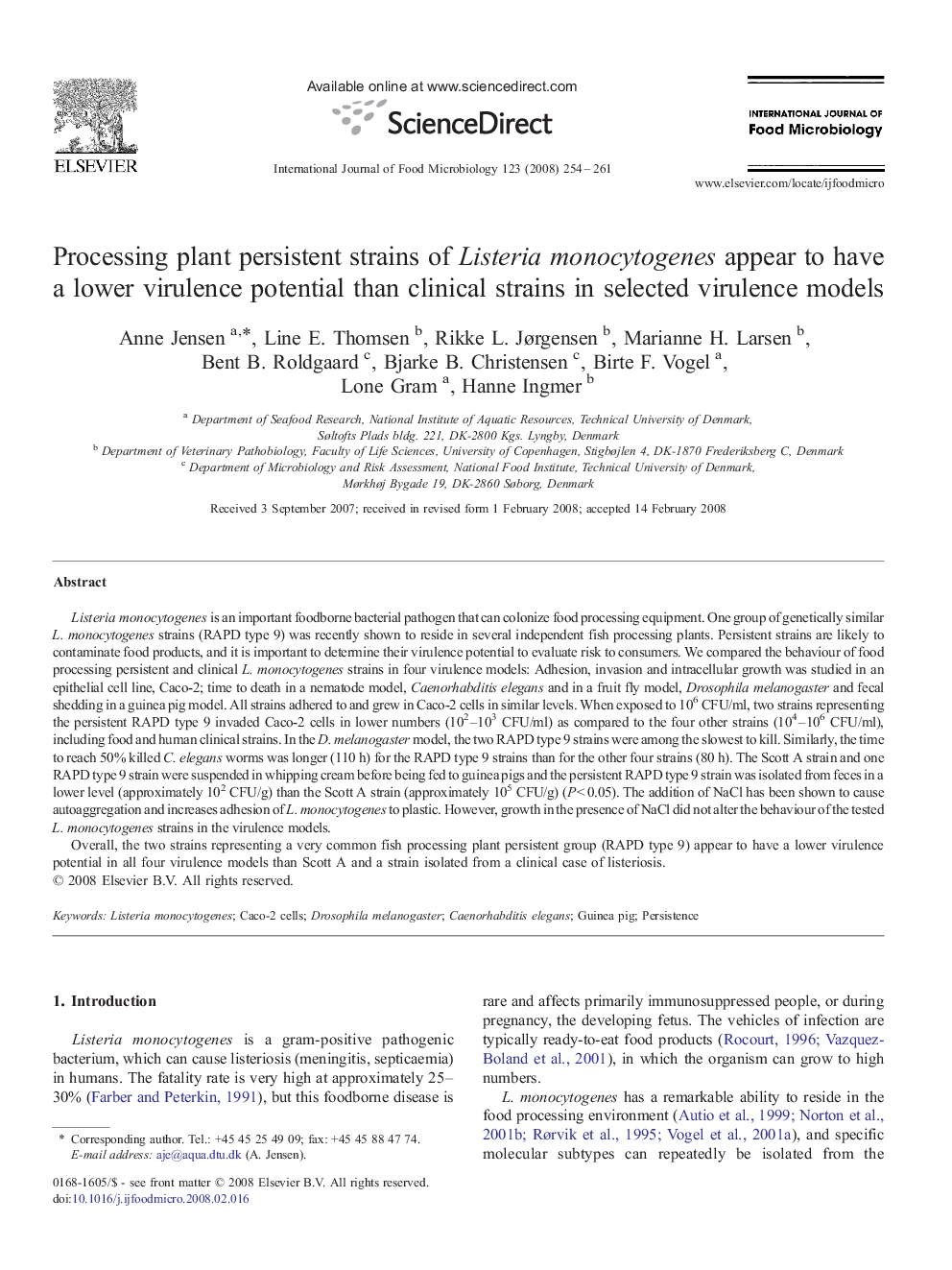 Processing plant persistent strains of Listeria monocytogenes appear to have a lower virulence potential than clinical strains in selected virulence models