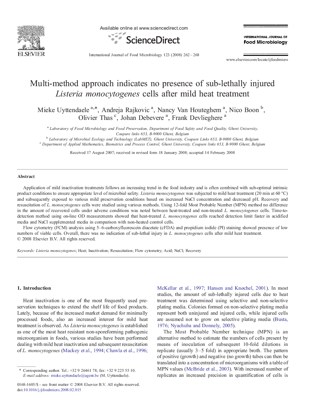 Multi-method approach indicates no presence of sub-lethally injured Listeria monocytogenes cells after mild heat treatment