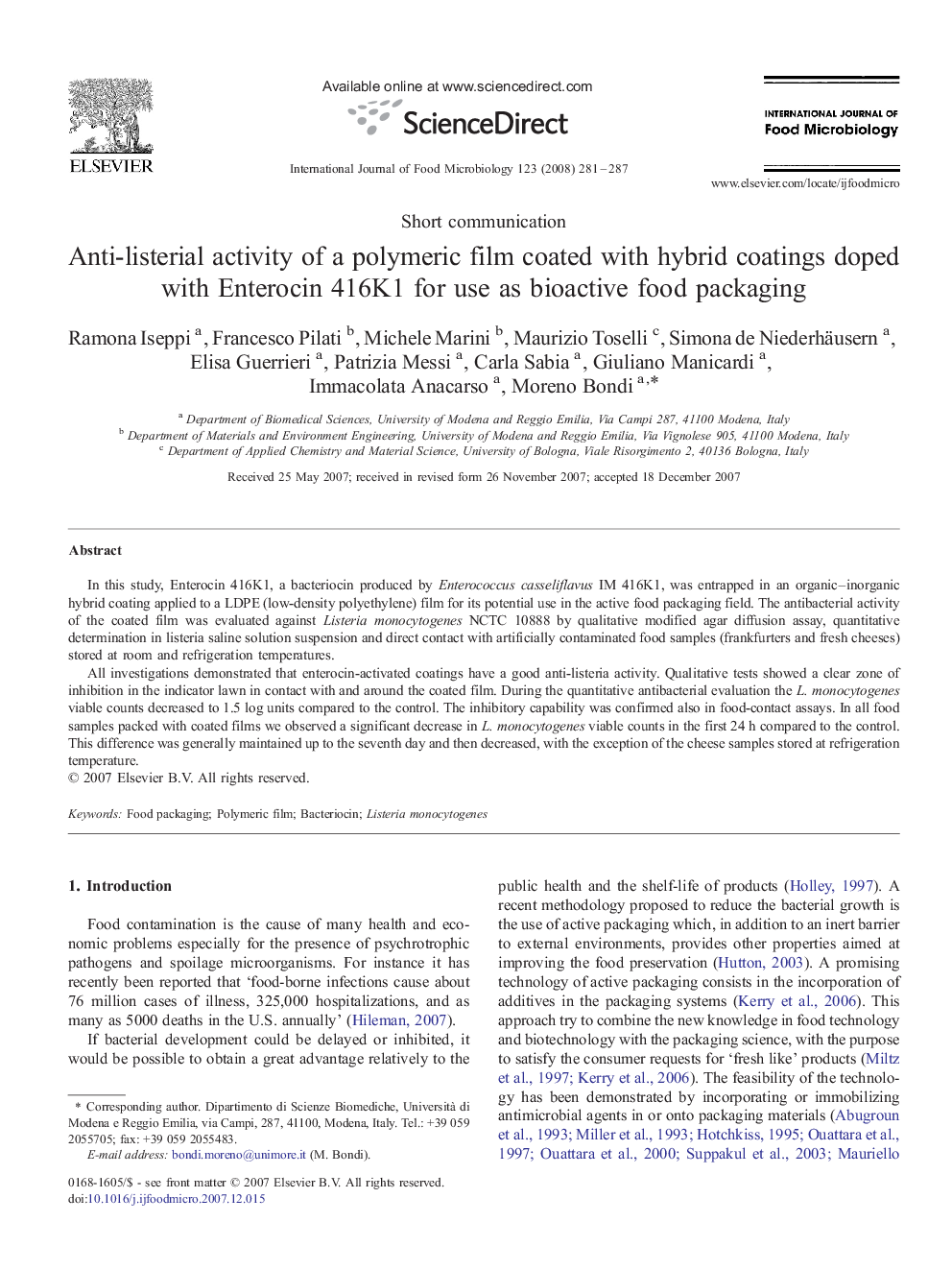 Anti-listerial activity of a polymeric film coated with hybrid coatings doped with Enterocin 416K1 for use as bioactive food packaging