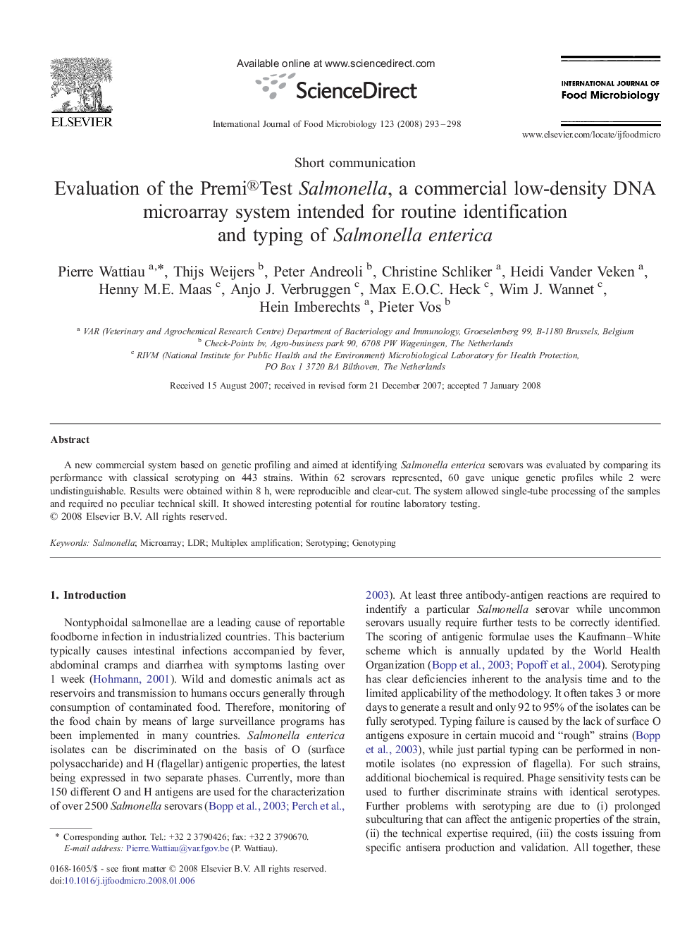 Evaluation of the Premi®Test Salmonella, a commercial low-density DNA microarray system intended for routine identification and typing of Salmonella enterica