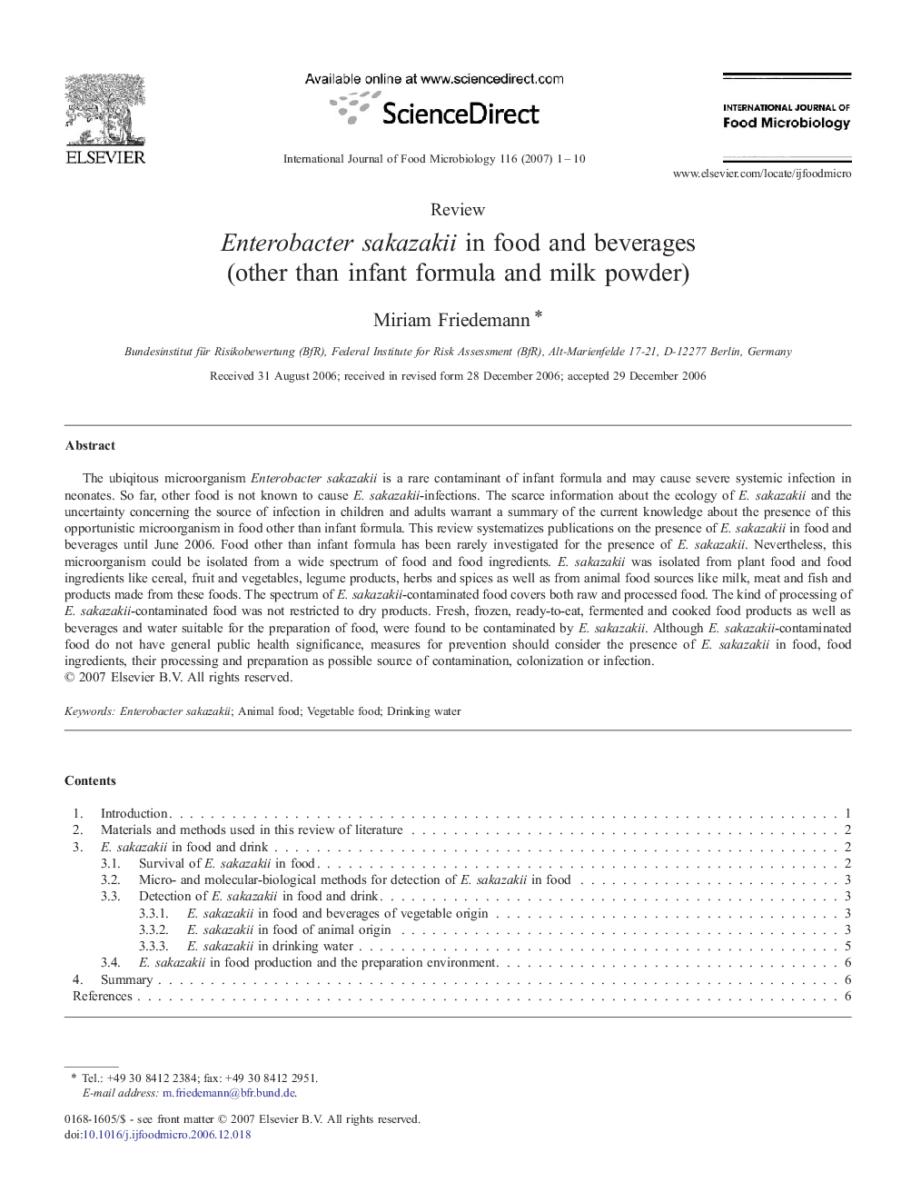 Enterobacter sakazakii in food and beverages (other than infant formula and milk powder)