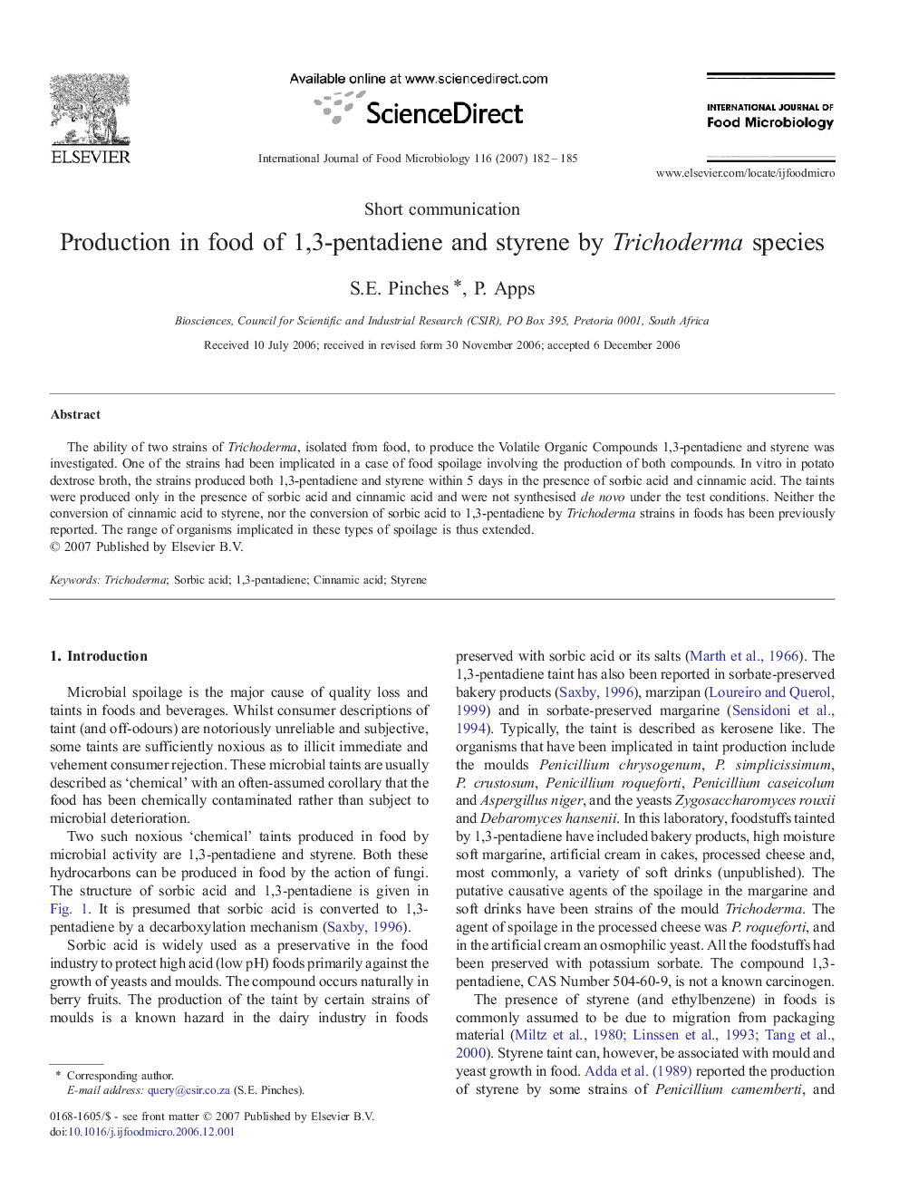 Production in food of 1,3-pentadiene and styrene by Trichoderma species