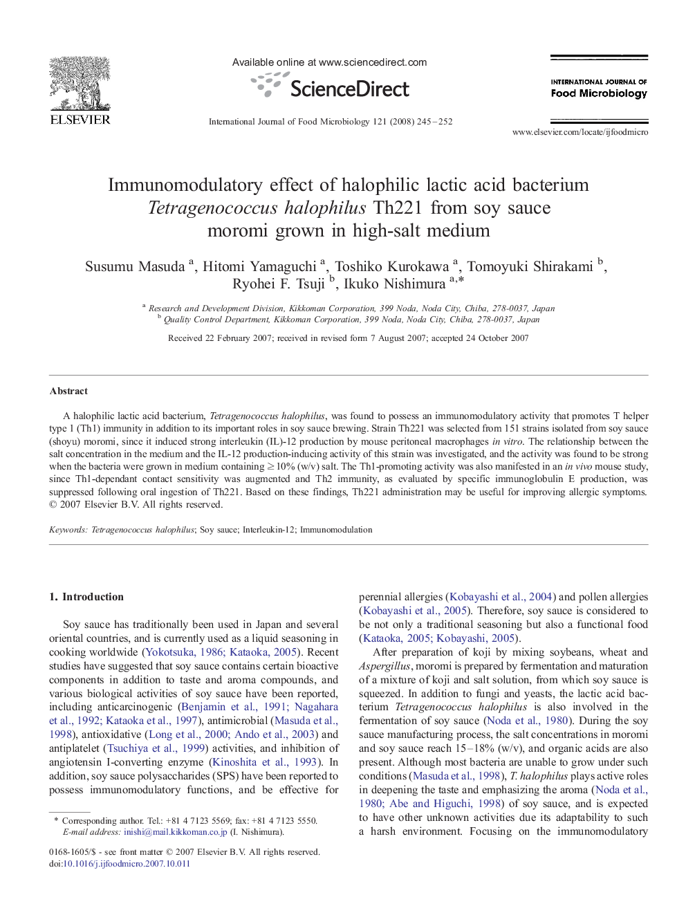 Immunomodulatory effect of halophilic lactic acid bacterium Tetragenococcus halophilus Th221 from soy sauce moromi grown in high-salt medium