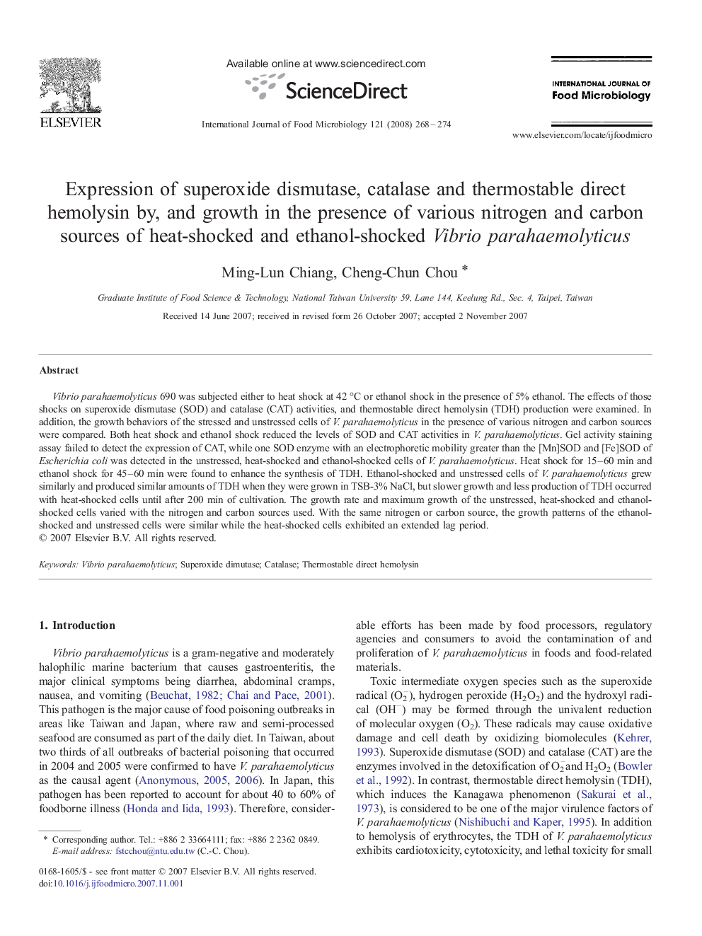 Expression of superoxide dismutase, catalase and thermostable direct hemolysin by, and growth in the presence of various nitrogen and carbon sources of heat-shocked and ethanol-shocked Vibrio parahaemolyticus