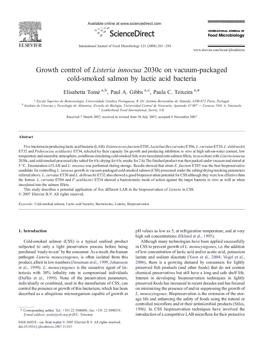 Growth control of Listeria innocua 2030c on vacuum-packaged cold-smoked salmon by lactic acid bacteria